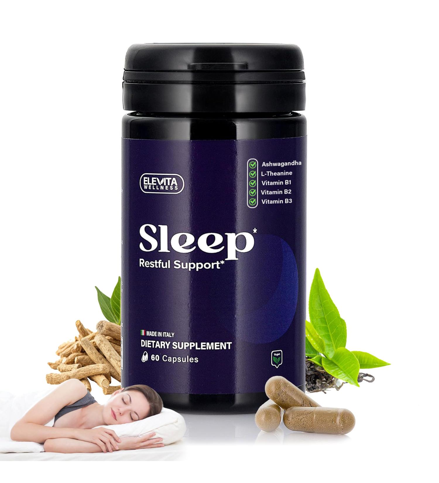 ELEVITA WELLNESS Sleep Supplement Capsules with Ashwagandha L-Theanine & B Vitamins | Supports Natural Sleep | 60 Capsules - Buy Online on GoSupps.com