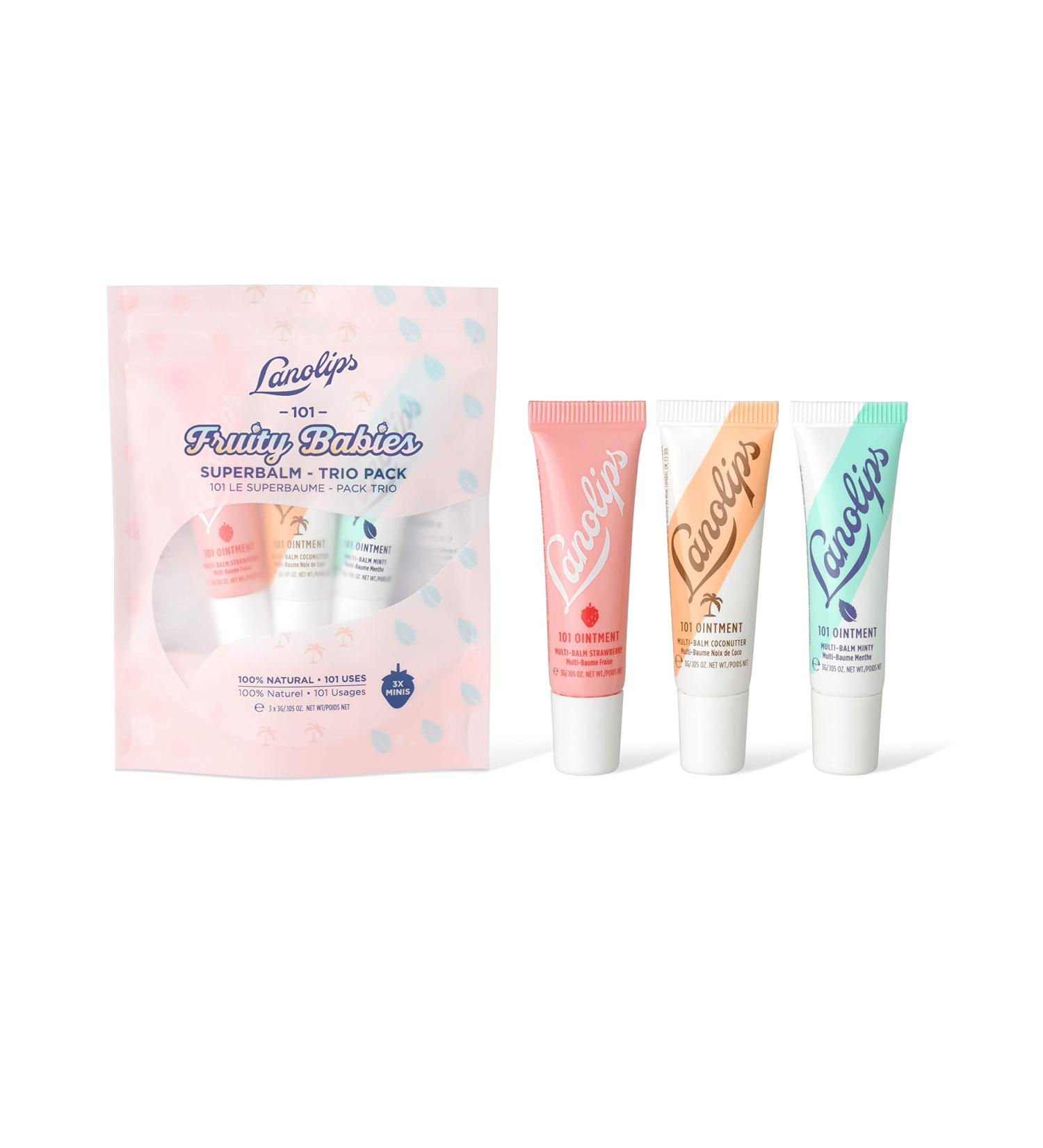 Lanolips 101 Fruity Babies Trio - Strawberry, Minty, Coconutter Balms (Set of 3) | Lanolin for Dry Lips & Skin | Clean & Cruelty-Free - 3g each - Buy Online on GoSupps.com