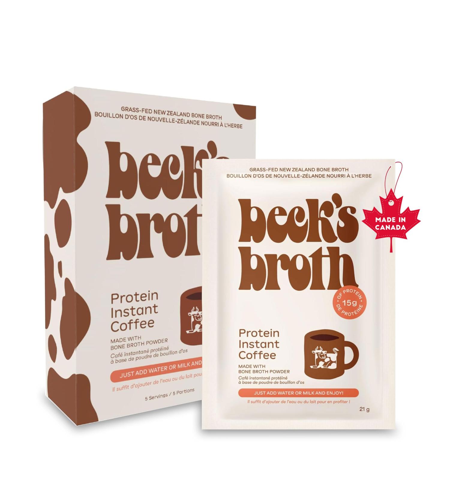 Beck's Broth Instant Coffee - Bone Broth Powder Sachets (5-Pack) | 15g of Protein Per Serving | All Natural Pasture Raised Beef Broth | Dairy Free Gluten Free | Coffee Protein Powder | Rich & Nutty - Buy Online on GoSupps.com