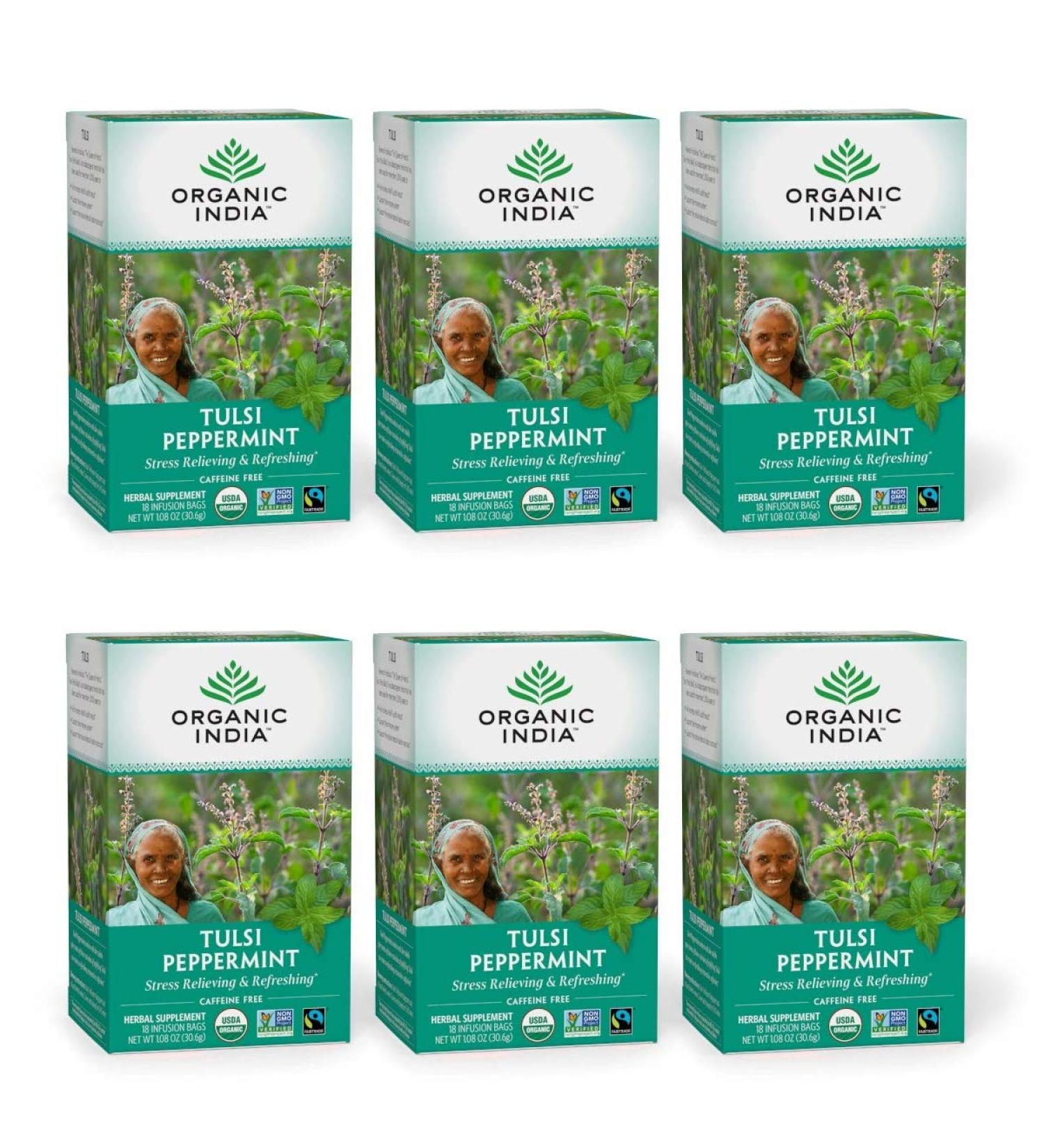 Organic India Tulsi Peppermint Herbal Tea - Stress Relief, Immune Boost, Vegan, Caffeine-Free - 18 Bags per Pack - Buy Online on GoSupps.com