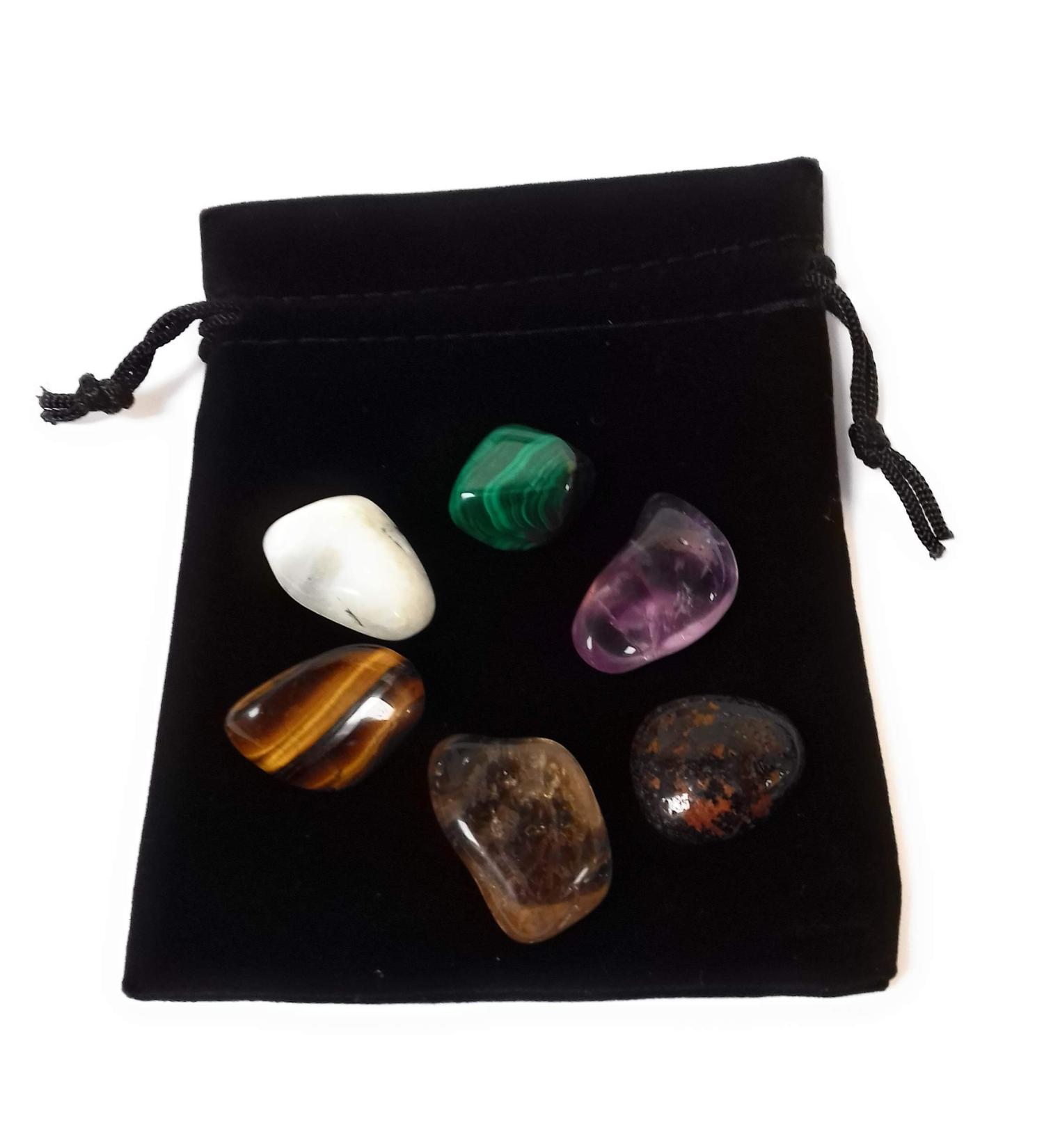 6 x Travellers Tumble Stones Crystals Pack - Malachite Amethyst Rainbow Moonstone Smoky Quartz Black Tourmaline Tigers Eye - Travel Tumble Stone Pack - Buy Online on GoSupps.com