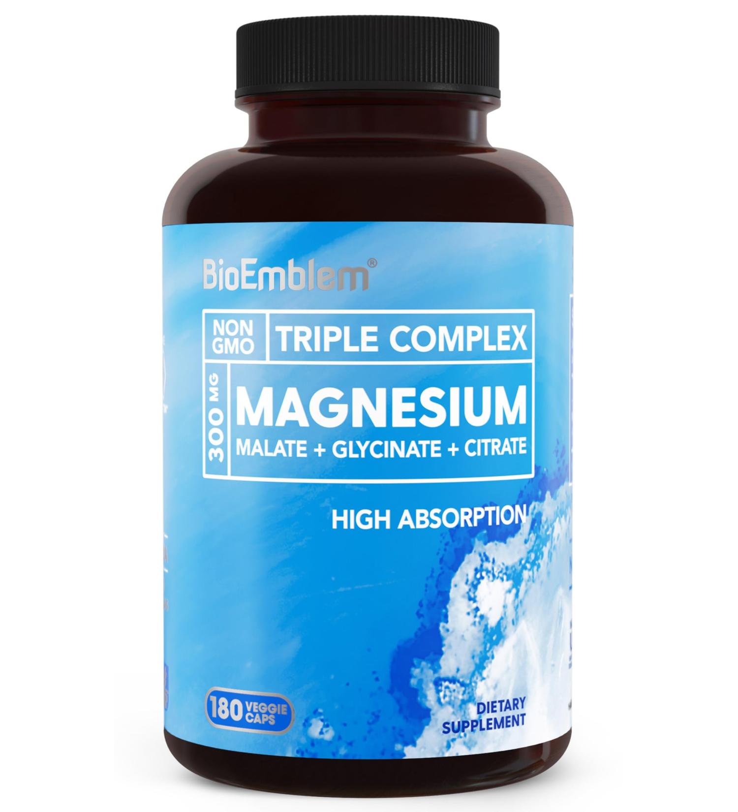 BioEmblem Triple Magnesium Complex | 300mg of Magnesium Glycinate Malate & Citrate for Muscles Nerves & Energy | High Absorption | Vegan Non-GMO | 180 Capsules - Buy Online on GoSupps.com