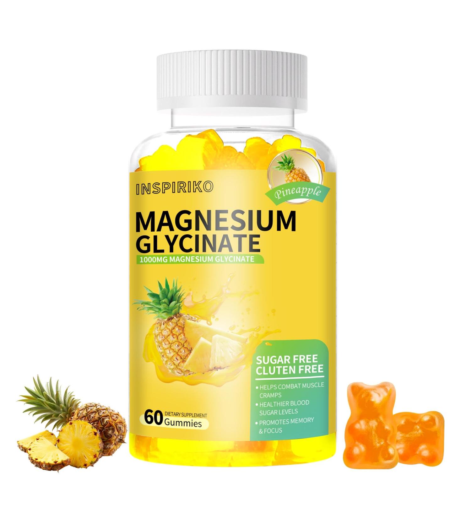 Magnesium Glycinate Gummies 1000mg - Sugar-Free Magnesium Potassium Supplement with Vitamin D B6 CoQ10 for Adults & Kids High Absorption for Calm Mood & Sleep Support - 60 Pineapple Gummies - Buy Online on GoSupps.com