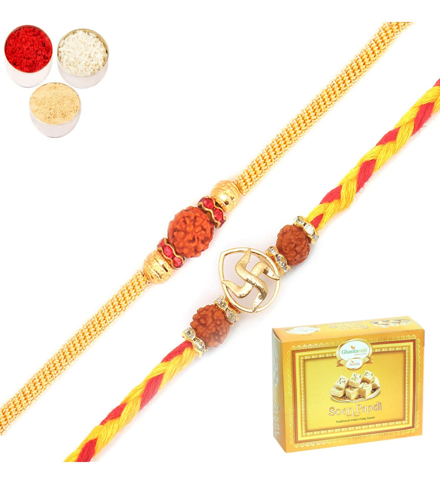 Ghasitaram Gifts Rakhi for Brother Rakhis Online - Set of 2 RM605 and R50016 Premium Rakhis with 200 GMS of Soan Papdi - Buy Online on GoSupps.com