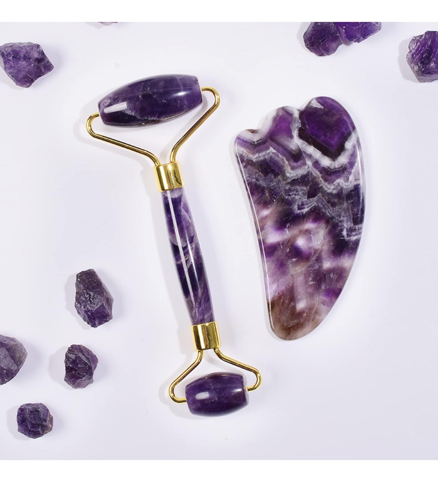 ESBANT Amethyst Massager Natural Stone Facial Roller Gua Sha Tool Set Scraping Crystal Massage 2pcs zhimo
