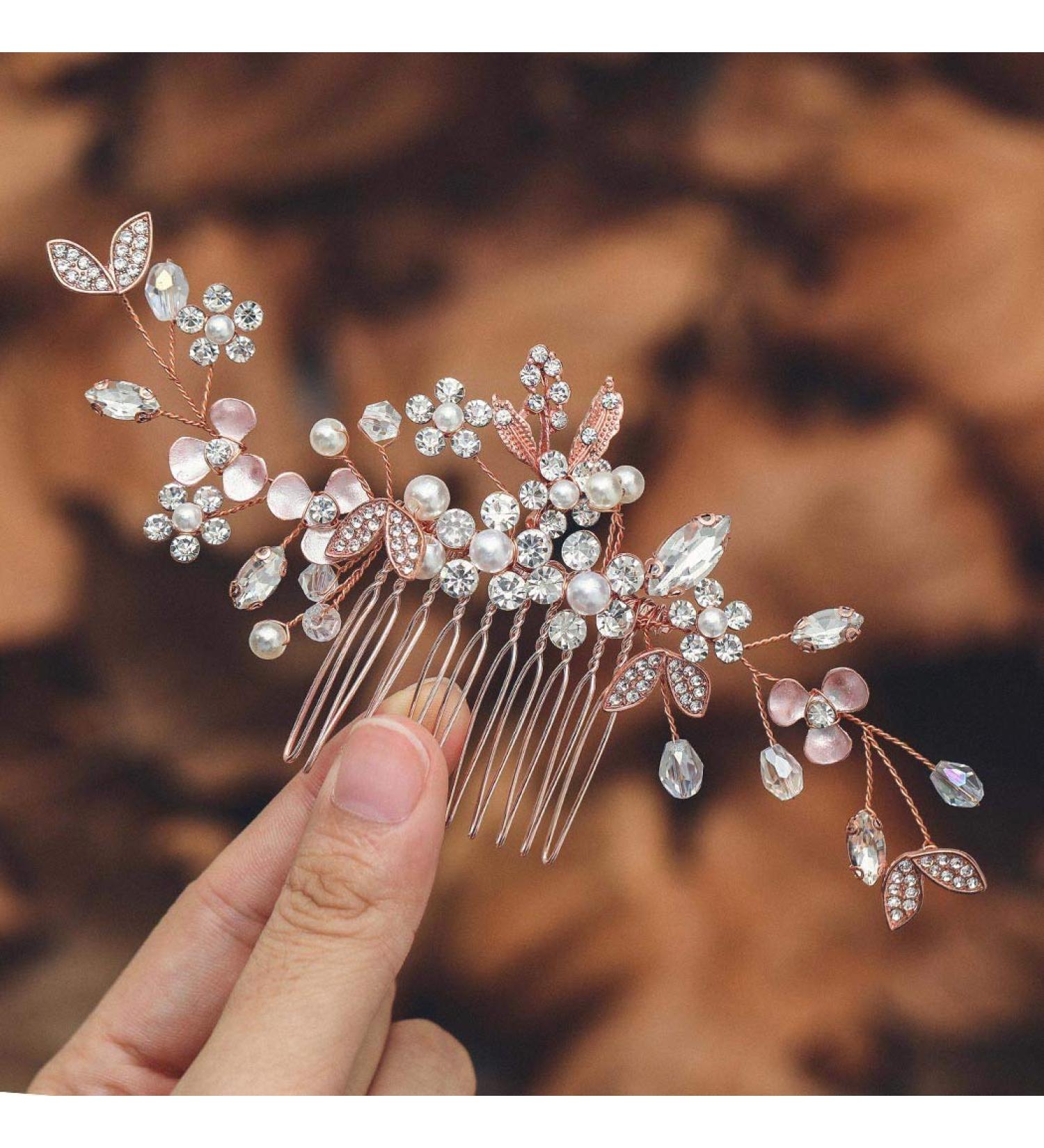 Ushiny Crystal Bridal Hair Comb - Rose Gold Headpiece & Pearl Leaf Clips for Wedding - Elegant Hair Accessories for Women & Girls - Buy Online on GoSupps.com