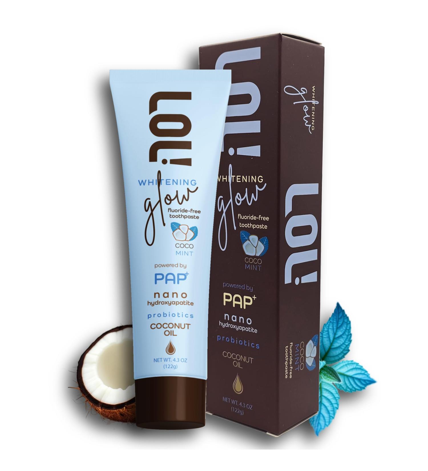 LOL Whitening Glow Coco-Mint Toothpaste Whitening with Pap+ Technology Nano Hydroxyapatite Toothpaste Coconut Oil Probiotics & Xylitol Fluoride Free 4.3 oz Whitening Glow Coco-Mint 4.3 Ounce (Pack of 1) - Buy Online on GoSupps.com