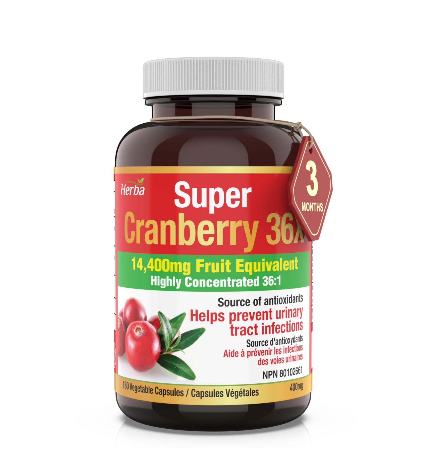Herba Cranberry Supplement 36x Extract | 28 800mg Per Day | 180 Cranberry Pills for Women and Men | High Potency Formula to Help Prevent Urinary Tract Infection (UTI) | Made in Canada - Buy Online on GoSupps.com