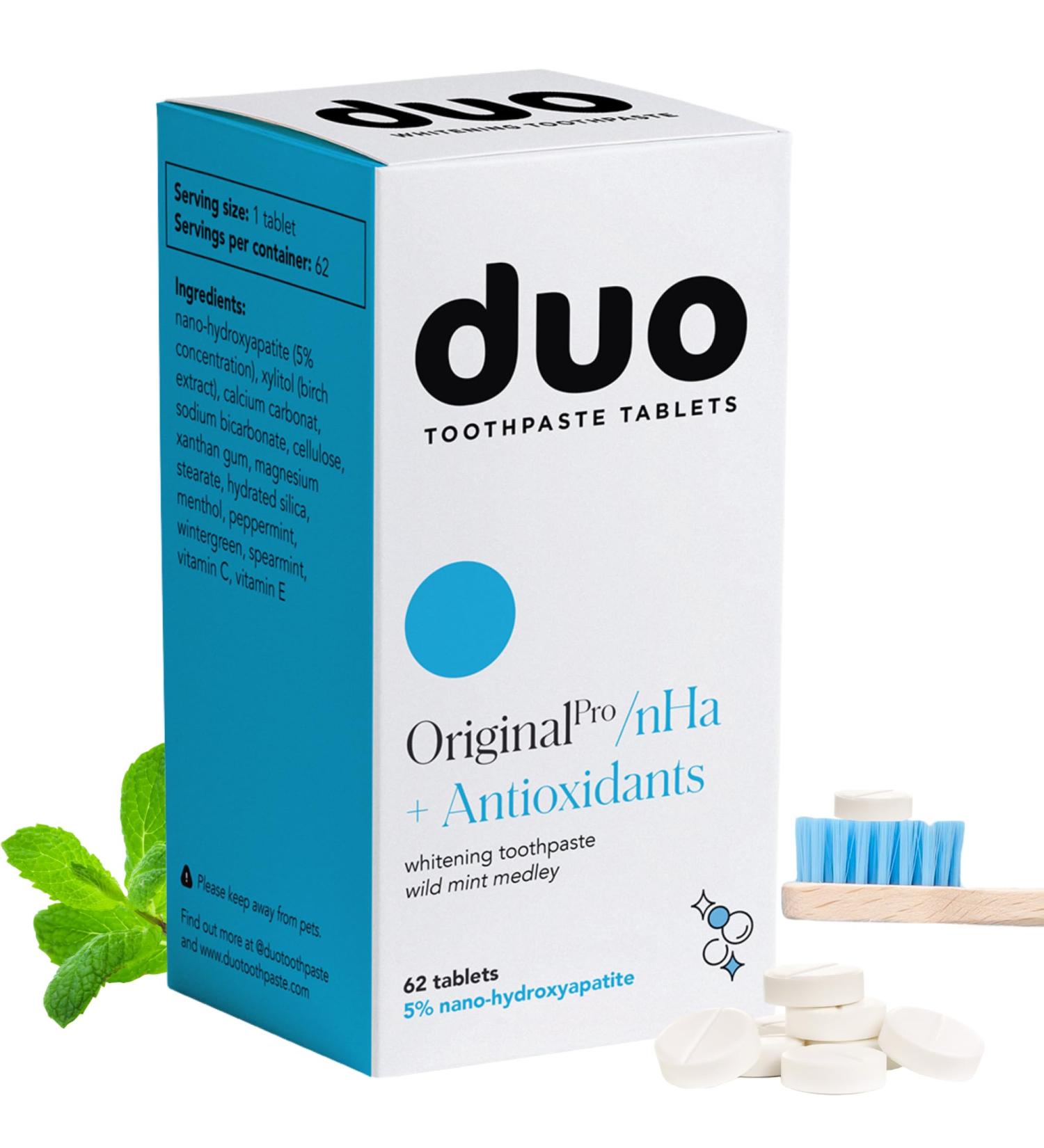 Duo Toothpaste Tablets | Nano-Hydroxyapatite (nHa) Natural Whitening Remineralize Reduce Sensitivity | Sustainable & Plastic Free | Dentist Created | Wild Mint Medley - 1 Bottle / 62 Tablets Original 62 Count (Pack of 1) - Buy Online on GoSupps.com