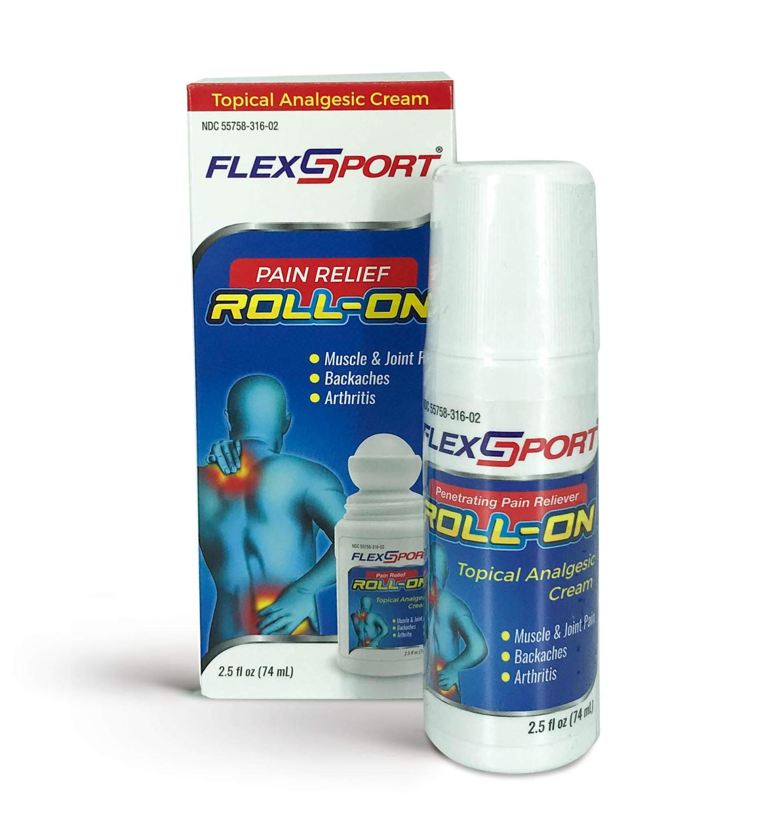 FLEXSPORT Pain Relief Roll On 2.5Fl Oz Pain Relief Gel Fast Acting and Long Lasting Ideal for Muscle and Joint Pain Arthritis Back Aches Topical Analgesic Cream Safe and Effective - Buy Online on GoSupps.com