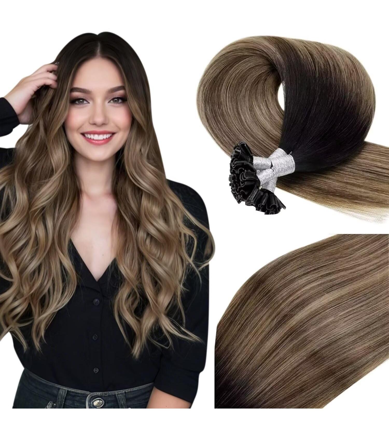 Vivien U Tip Hair Extensions Human Hair 18 Inch Balayage Brown Hot Fusion Hair Extensions Utips Nature Black Ombre Medium Brown with Light Blonde Kertain U Tip Hair Extensions 50g/50s 1B/4/18 45cm 1-1 UT #1b/4/18 - Buy Online on GoSupps.com