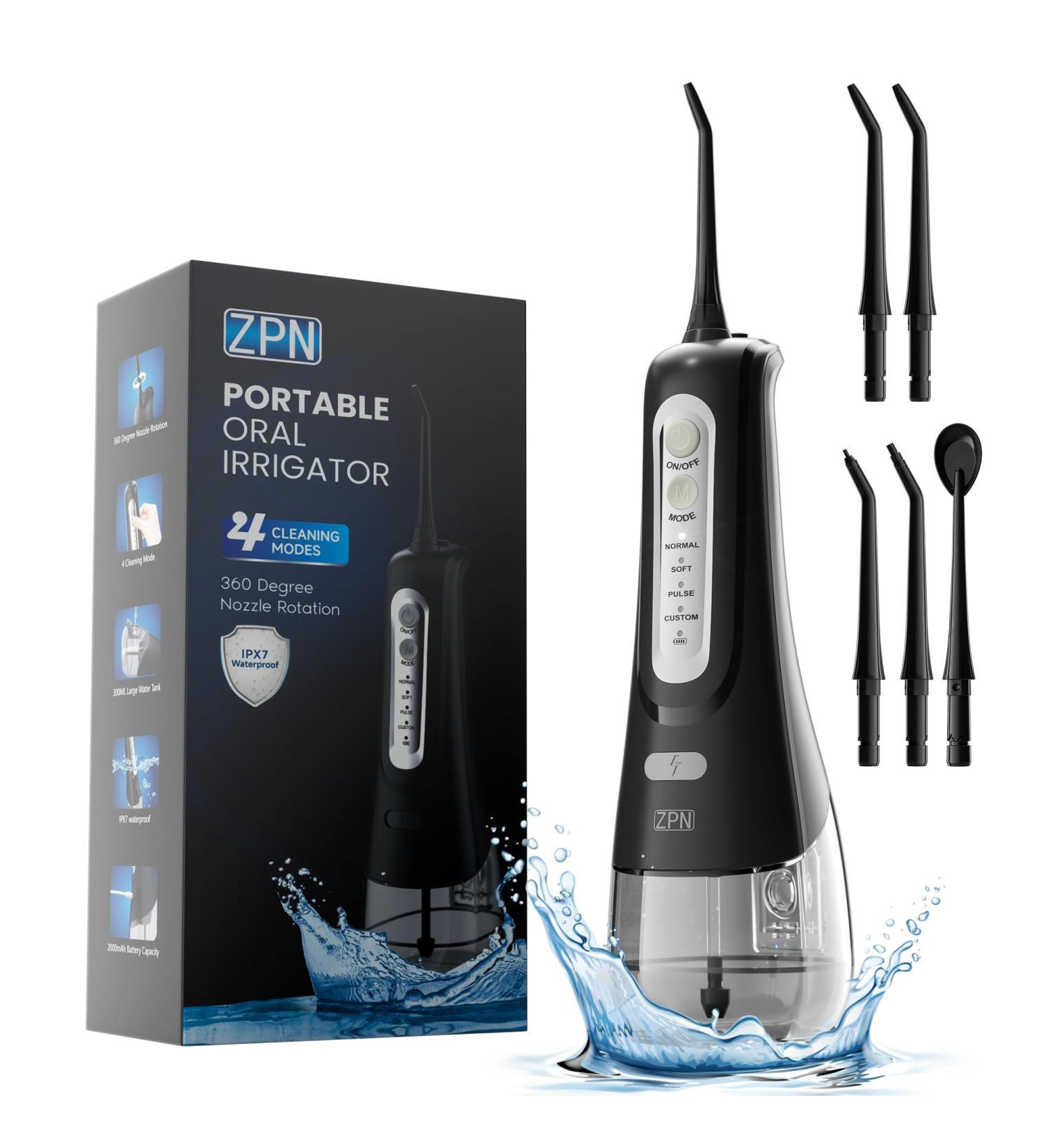 ZPN Cordless Water Dental Flosser - Portable Oral Irrigator with 4 Modes & 5 Tips - IPX7 Waterproof Teeth Cleaner for Home & Travel (Black - Buy Online on GoSupps.com