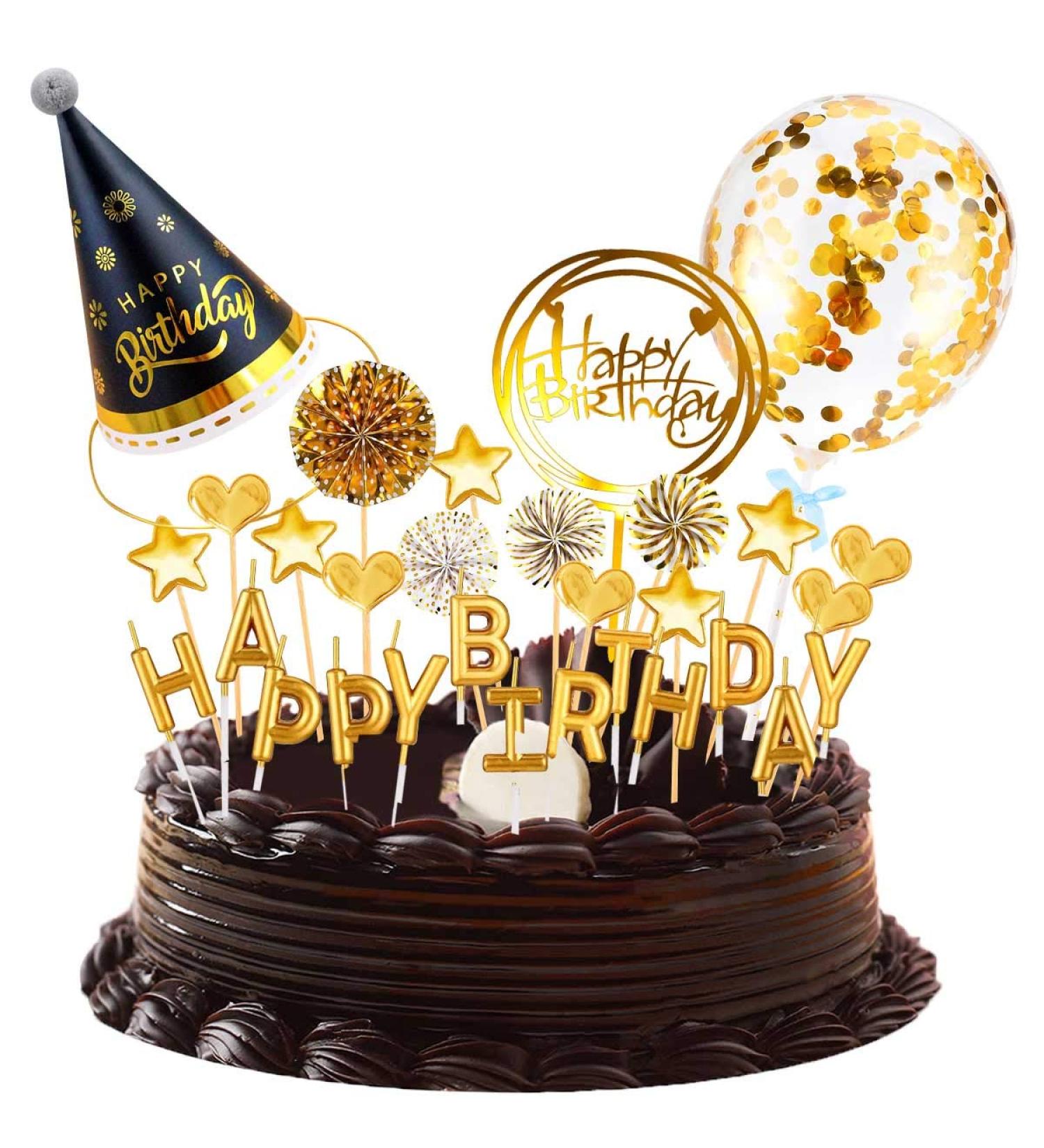 livhil Birthday Cake Topper Set Happy Birthday Cupcake Topper Letters Cake Candles Toppers Confetti Balloon Stars Hearts Birthday Hat & Fan Cupcake Toppers Birthday Cake Decoration Supplies (Gold) - Buy Online on GoSupps.com