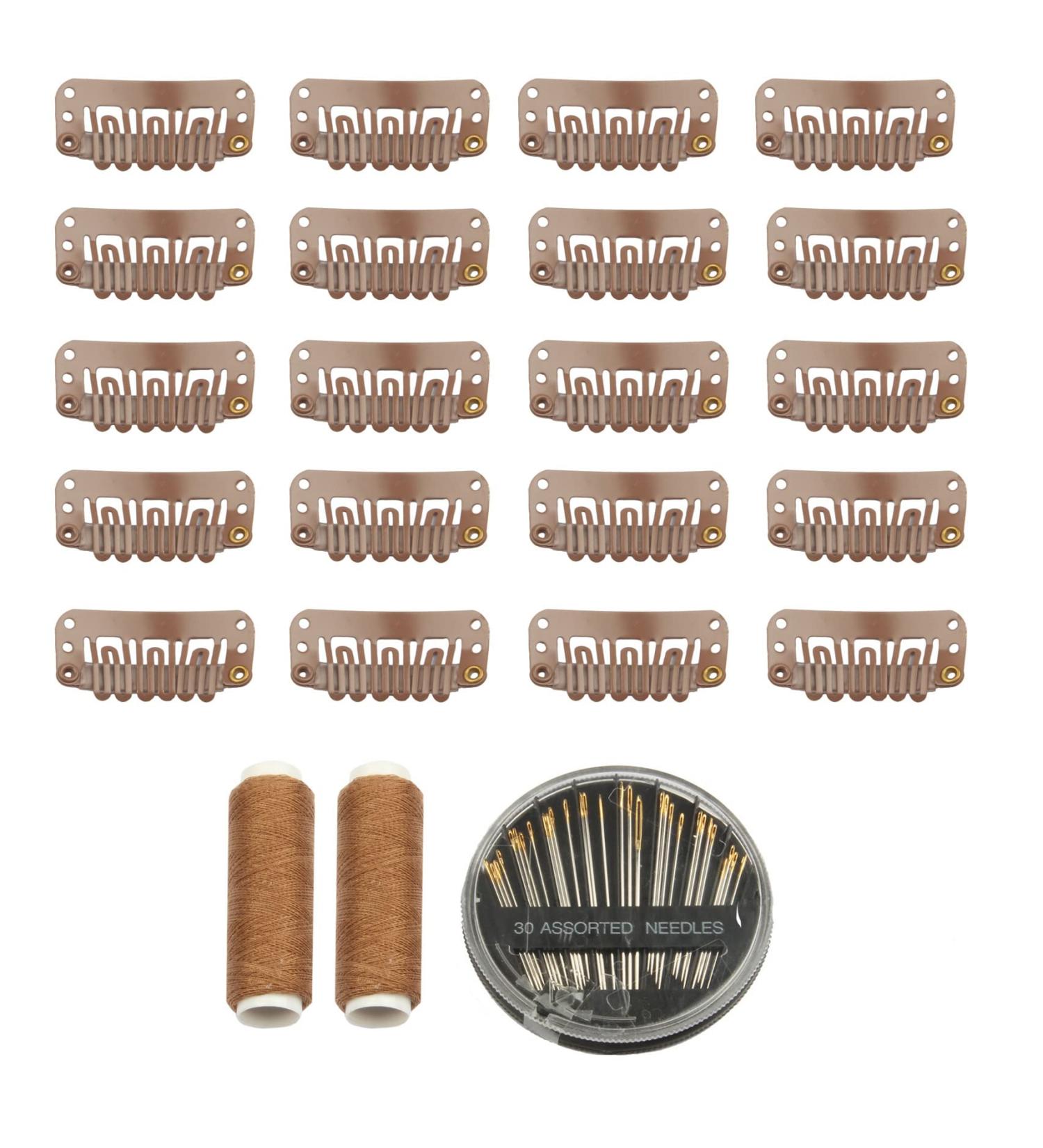 Light Brown 30pcs Hair Extension Clips & Needles Set Stainless Steel Snap Clips for Wigs, Extensions & Hairpieces with Thread Rolls - Buy Online on GoSupps.com