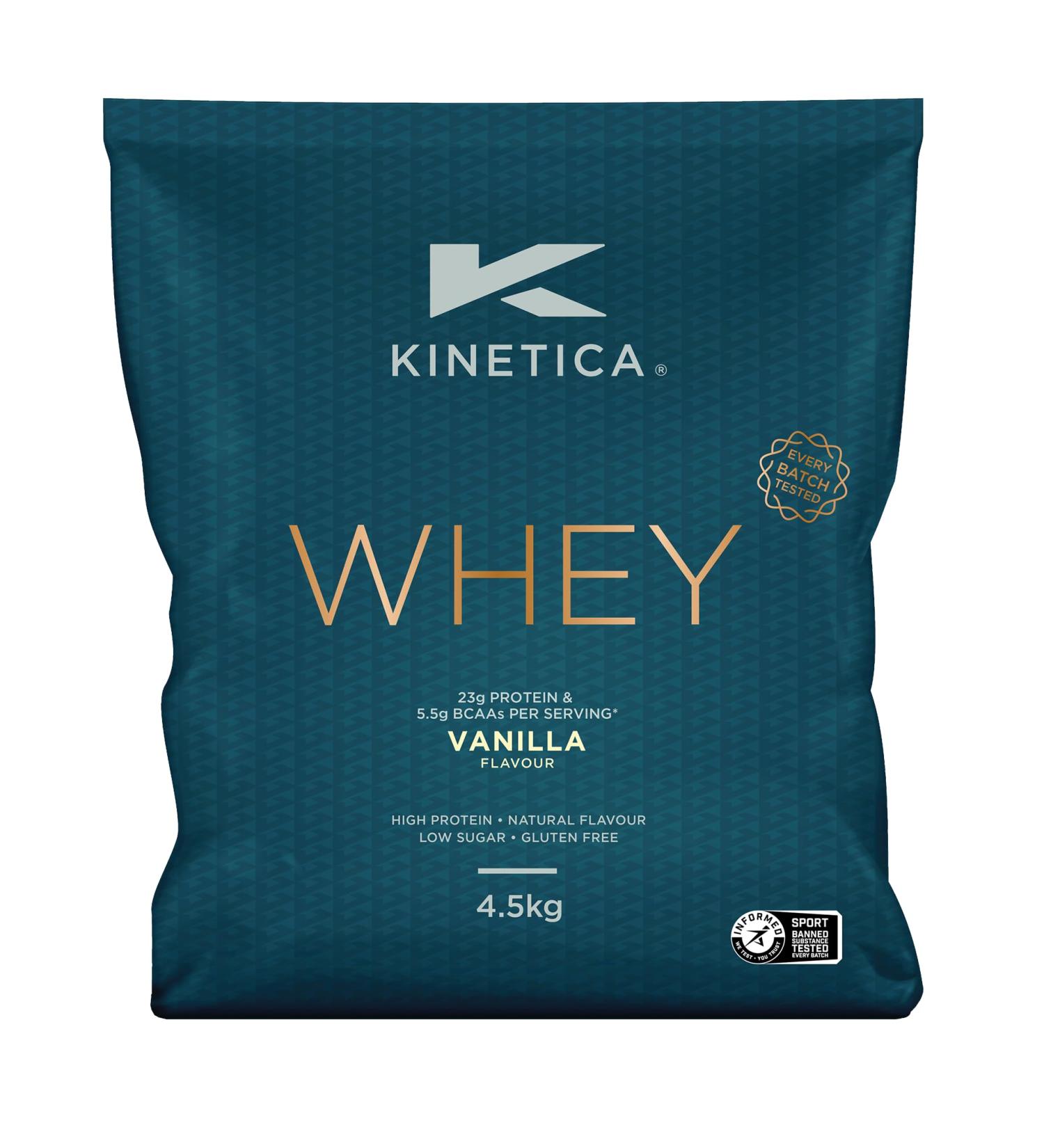 Kinetica Vanilla Whey Protein Powder 4.5kg | 23g Protein per Serving | 150 Servings | EU Grass-Fed Cows | Superior Mixability & Taste - Buy Online on GoSupps.com