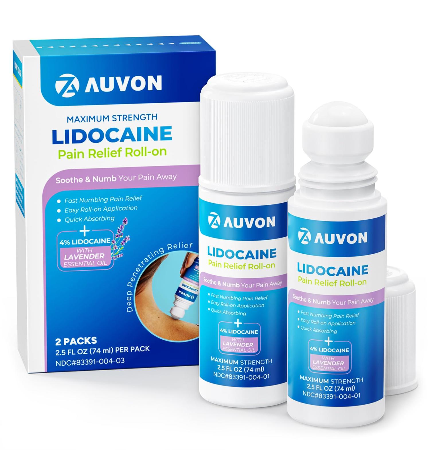 AUVON Max Strength Lidocaine Pain Relief Roll-On with Lavender Essential Oil No Mess Applicator Quick Absorbing to Numb & Soothe Pain Relief for Knees Shoulders 2.5 Oz 2 Packs - Buy Online on GoSupps.com