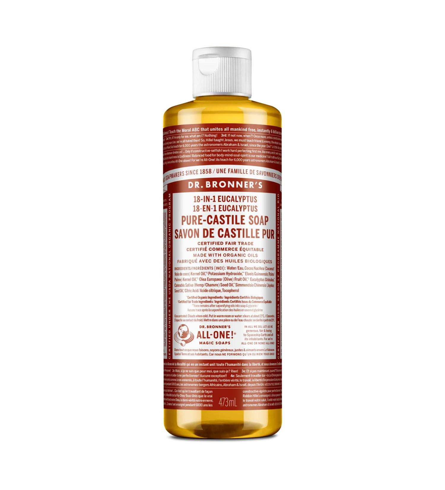 Dr. Bronner's Pure-Castile Liquid Soap (Eucalyptus 16oz) - Organic, 18-in-1 Uses for Face, Body, Hair, Laundry, Pets, Dishes - Concentrated, Vegan, Non-GMO - 1 Pack - Buy Online on GoSupps.com