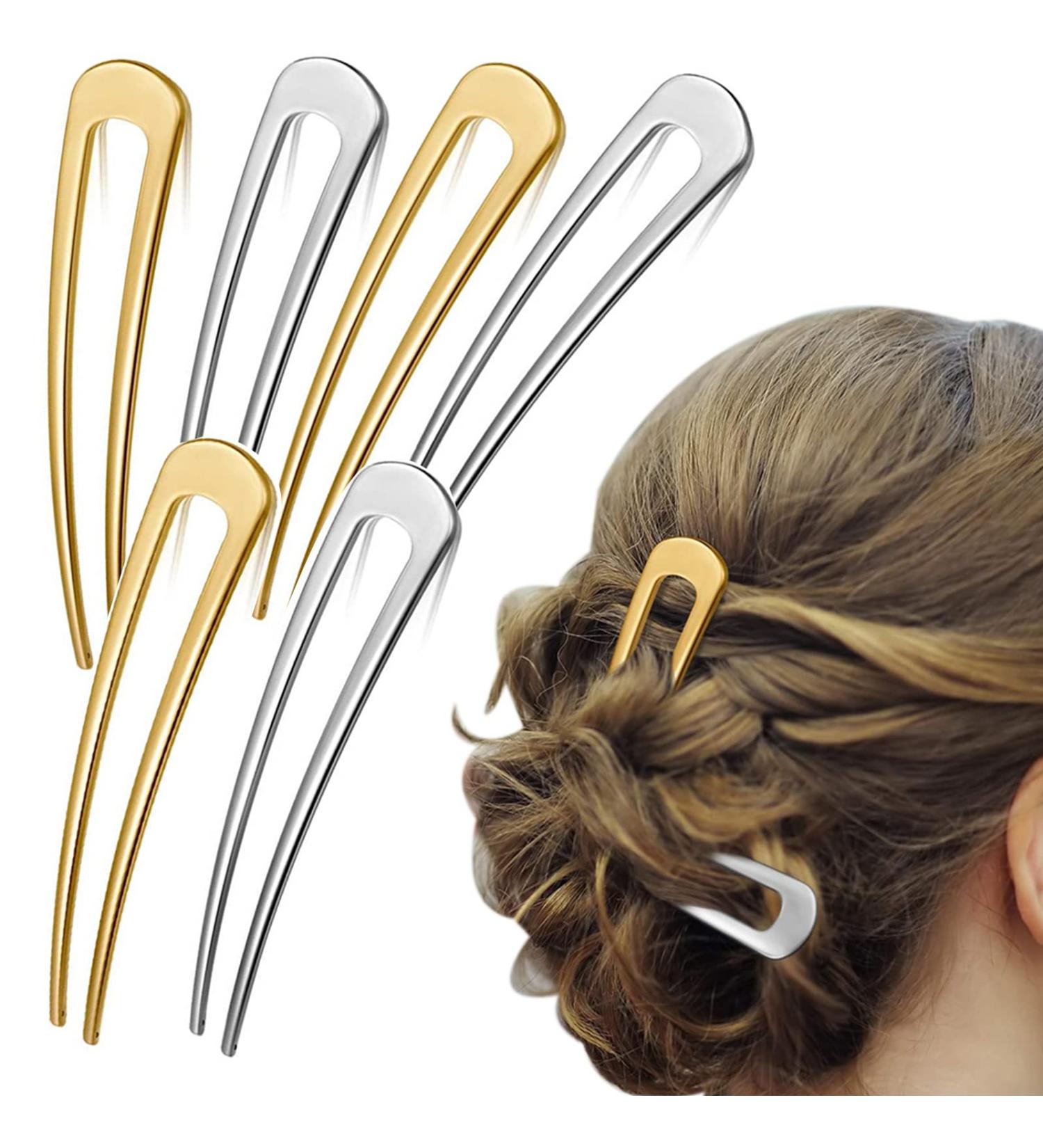 6 PCS Metal U Shaped Hairpins Hair Stick Fork Sticks French Hair Pin Updo Chignon Pins for Women - Gold & Silver Buns Hair Accessories - Buy Online on GoSupps.com