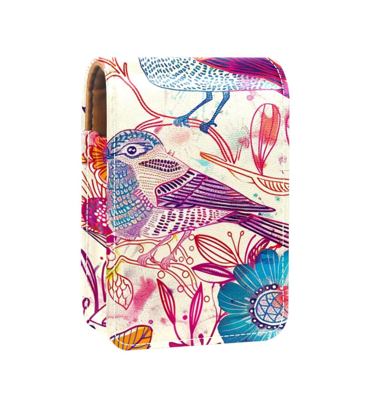 Travel Lipstick Organizer Case - Portable Makeup Bag with Mirror | Colorful Birds & Flowers Design - Buy Online on GoSupps.com