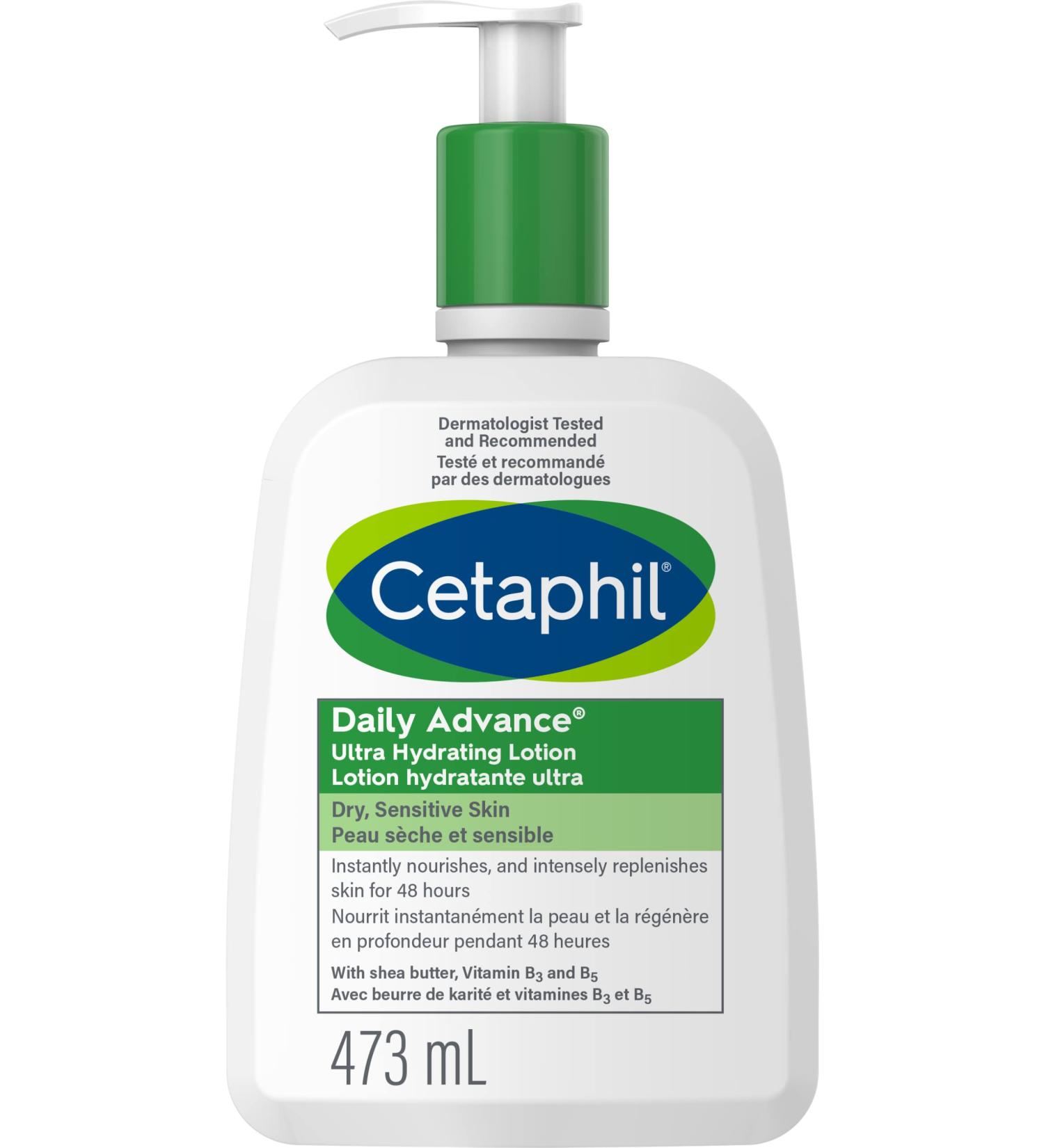 Cetaphil Daily Advance Lotion 473ml | Ultra Hydrating Body Lotion with Shea Butter for Dry and Sensitive Skin | Provides 48-Hour Hydration | Fragrance Free Non-Greasy Non-Comedogenic | Dermatologist Recommended 473 ml (Pack of 1) - Buy Online on GoSupps.com
