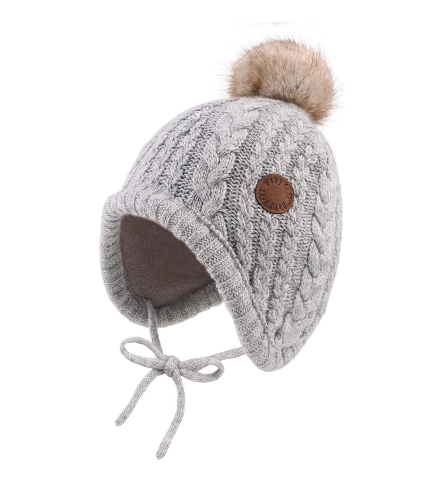 XIAOHAWANG Winter Baby Hat with Velvet Lining | Toddler Beanie with Earflap and Pompom | Warm Baby Hats for Boys and Girls 6-18 Months | Gray - Buy Online on GoSupps.com
