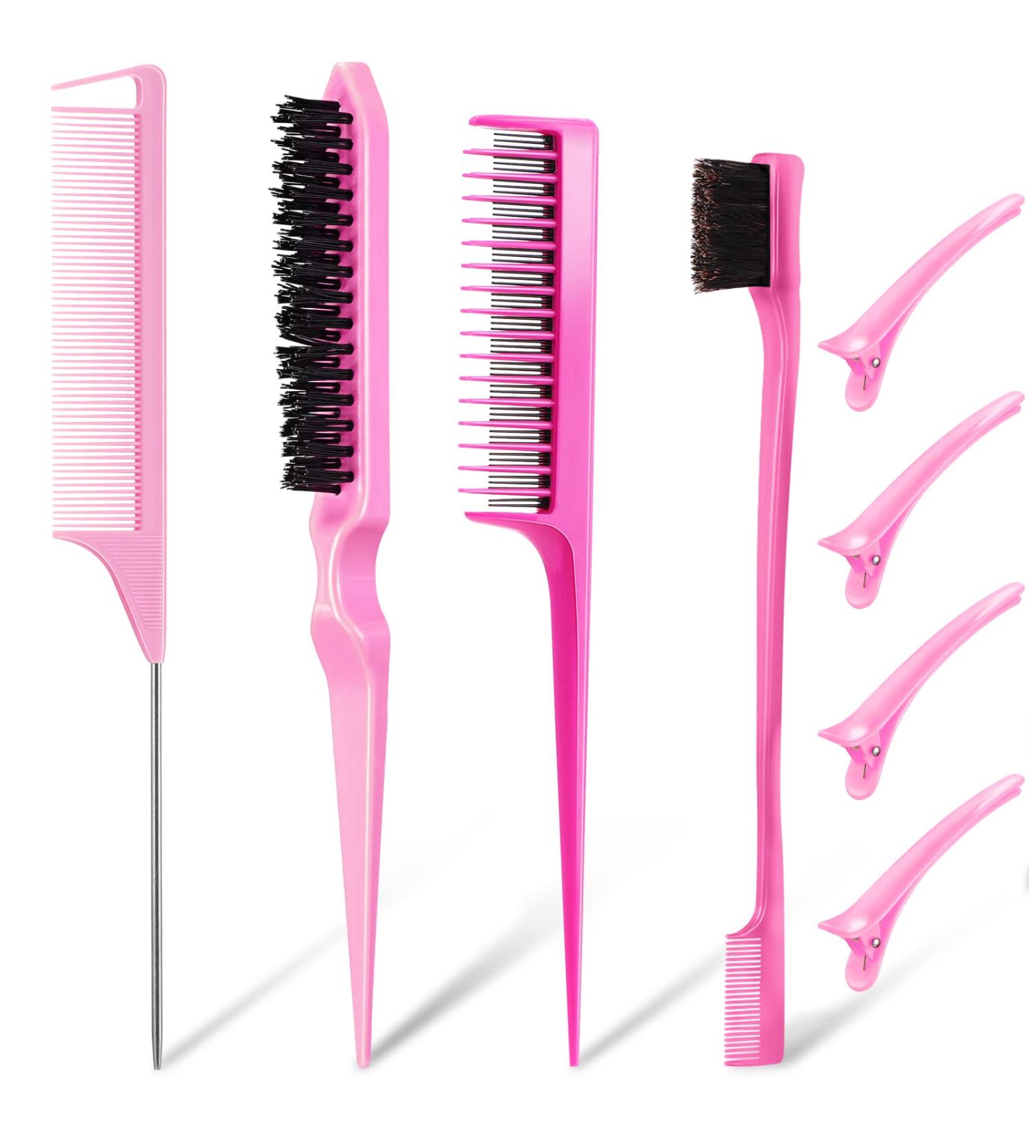 8-Piece Teasing Brush Set with Hair Clips and Rat Tail Comb - Pink Teasing Brushes for Hair Styling - Ideal for Women, Girls, Kids, and Hair Stylists - Buy Online on GoSupps.com