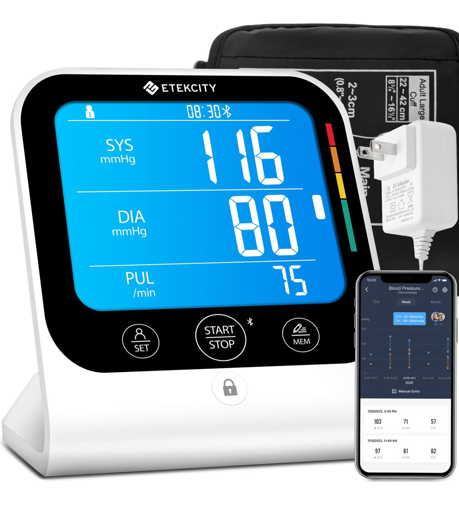 Etekcity Bluetooth Blood Pressure Monitor | FSA & HSA Approved | Large Arm Friendly | Unlimited Memories in APP | Dual Power - Buy Online on GoSupps.com