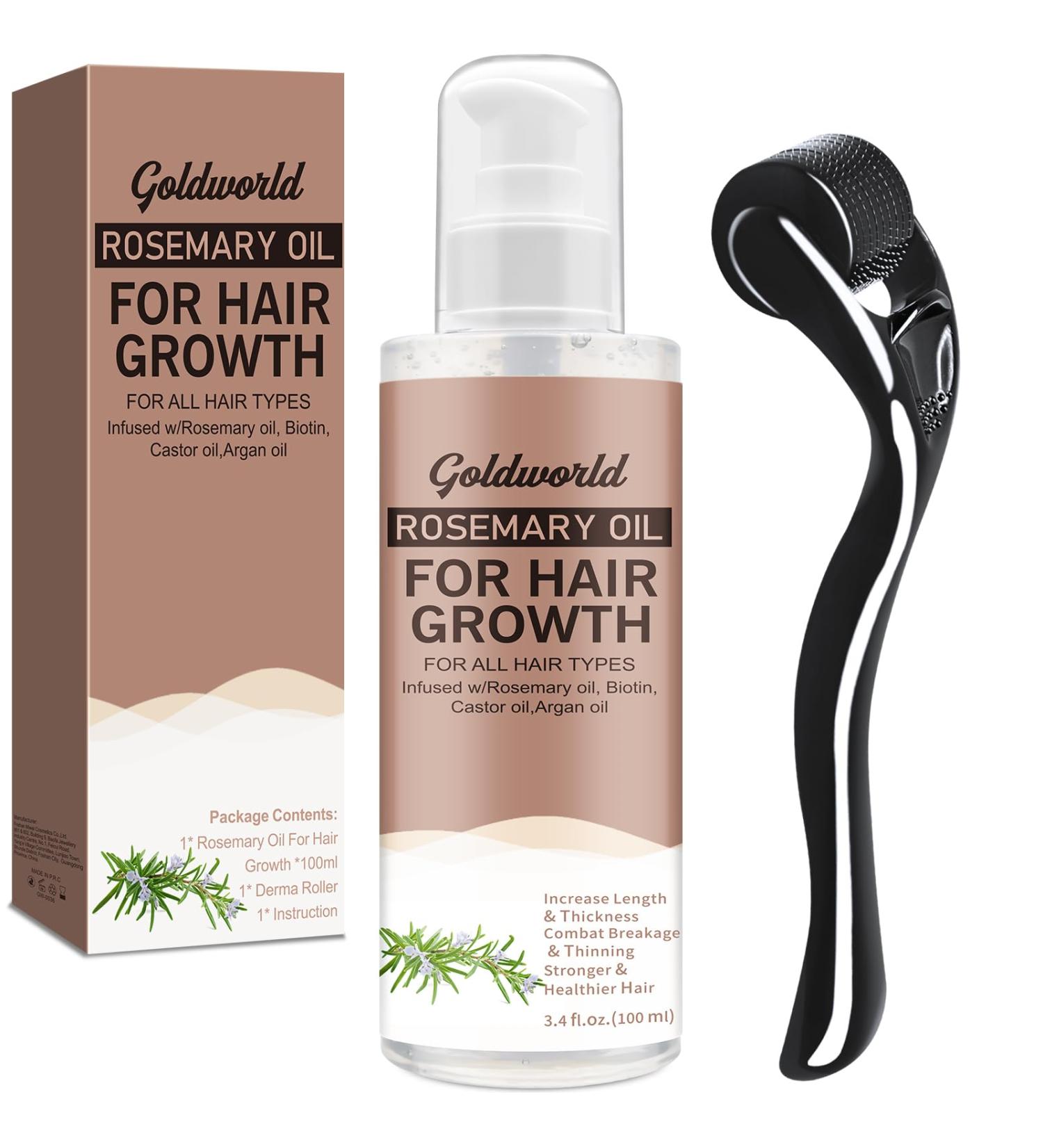GoldWorld Rosemary Oil for Hair Growth w/Derma Roller Hair Growth Men Women 100ml Light-Weight Non-Greasy Hair Growth Oil Serum Reduce Beard Hair Loss Diluted Rosemary Oil Dry Damaged Hair Tonic - Buy Online on GoSupps.com