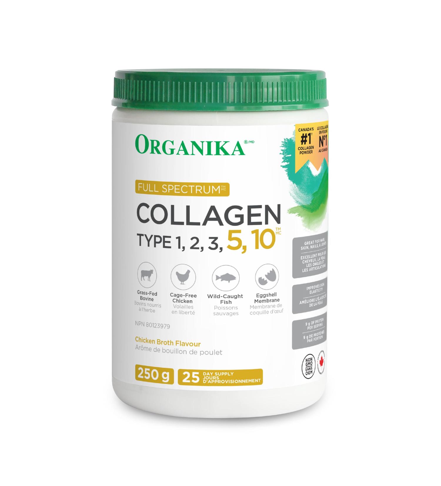 Organika Full Spectrum Collagen - Type 1 2 3 5 10 - Complete Collagen Naturally Containing Hyaluronic Acid and Elastin for Increased Hair Skin Nail Joints and Muscle Benefits - 250g 25 Servings - Buy Online on GoSupps.com