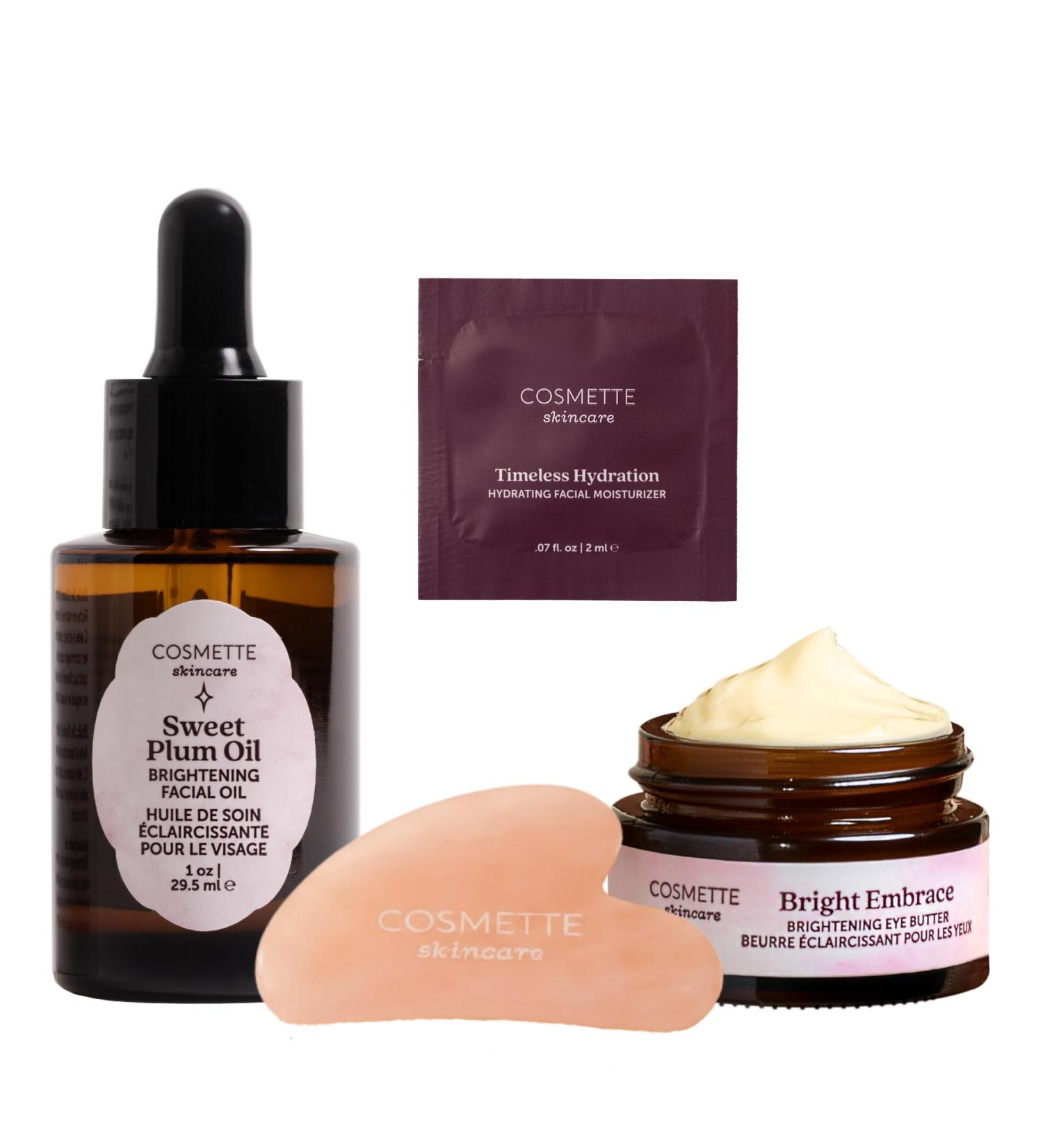 Cosmette Skincare Daily Dark Spot Solution Bundle | Includes Sweet Plum Oil Bright Embrace Eye Butter Packette of Timeless Hydration Moisturizer Gua Sha Tool - Buy Online on GoSupps.com