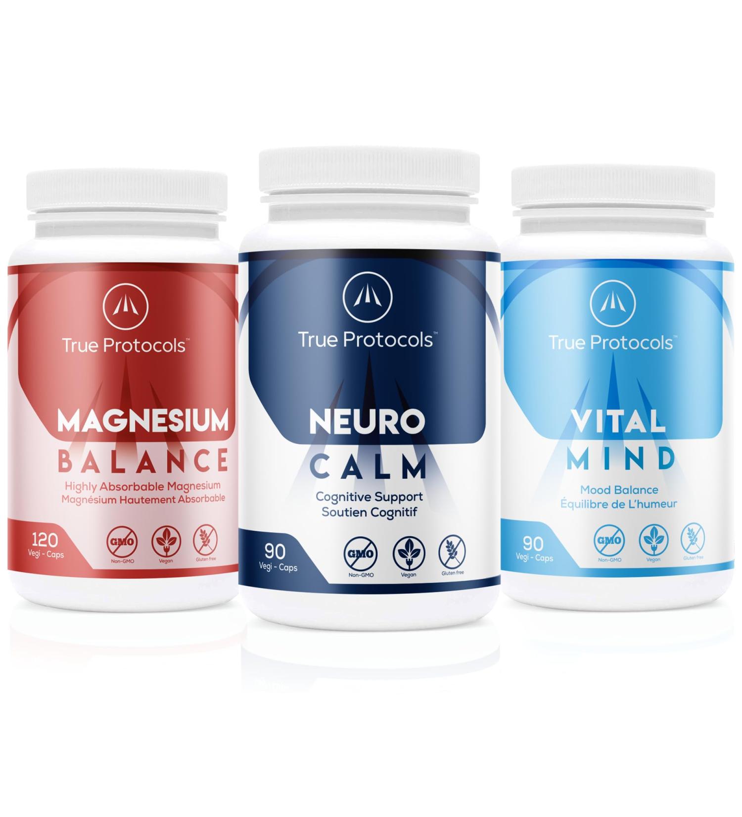 TRUE PROTOCOLS - Brain Protocol+ (3 Items) - Neuro Calm (90 Caps) Vital Mind (90 Caps) and Magnesium Balance (120 Caps) - Bioavailable Capsules for Optimal Mood Balance Cognitive Function & Mental Performance - Non-GMO Supplements - Buy Online on GoSupps.com