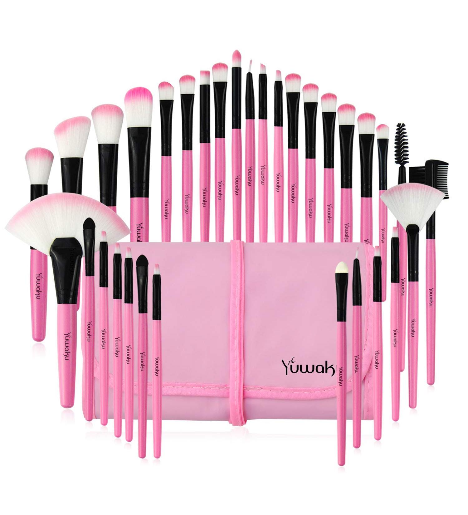 Yuwaku 32pcs Pink Makeup Brush Set | Premium Synthetic Brushes Kit with Nylon Bag - Buy Online on GoSupps.com