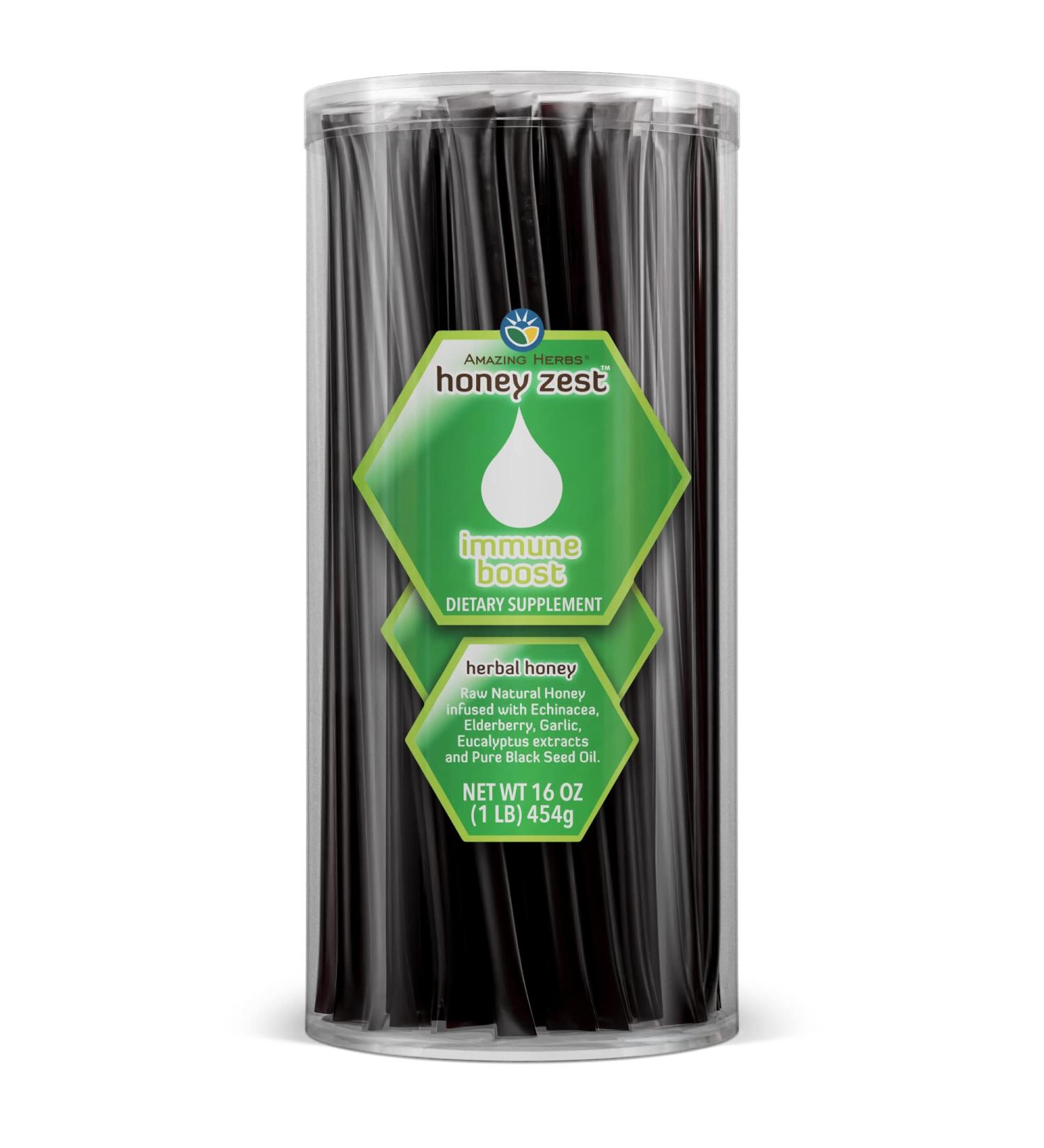 Amazing Herbs Raw Natural Honey - Herbal Honey Infused with Echinacea, Elderberry, Garlic, Eucalyptus Extracts & Pure Black Seed Oil, Non GMO, Gluten Free - Honeyzest Immune Boost Straws, 100 Count - Buy Online on GoSupps.com