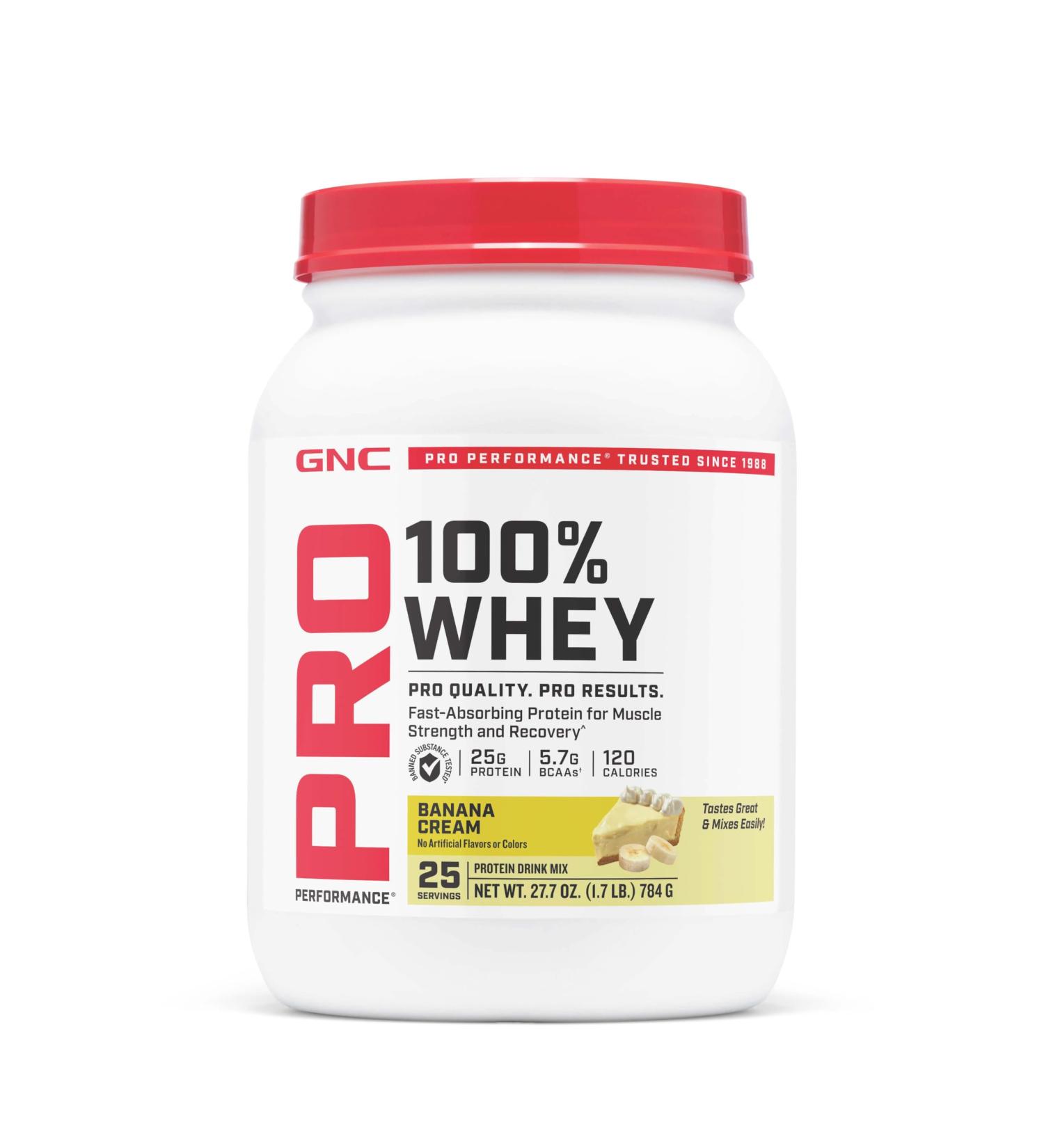 GNC Pro Performance 100% Whey Protein Powder Fast Absorbing Protein Muscle Strength and Recovery Banana Cream 25 Servings - Buy Online on GoSupps.com