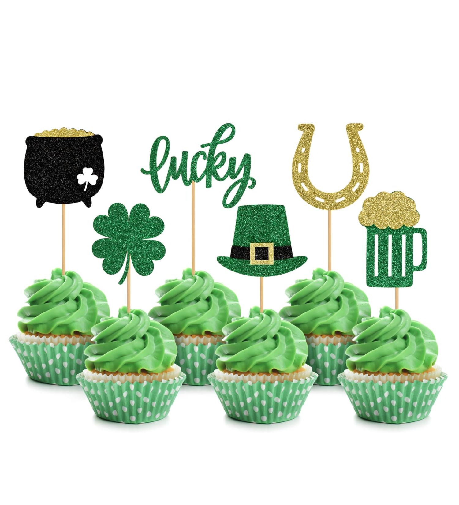 24 PCS St Patrick's Day Cupcake Toppers Glitter Lucky Four Leaf Clover Beer Cupcake Picks for St Patrick's Day Shamrock Theme Baby Shower Birthday Party Cake Decorations (6 styles) Design-6 - Buy Online on GoSupps.com