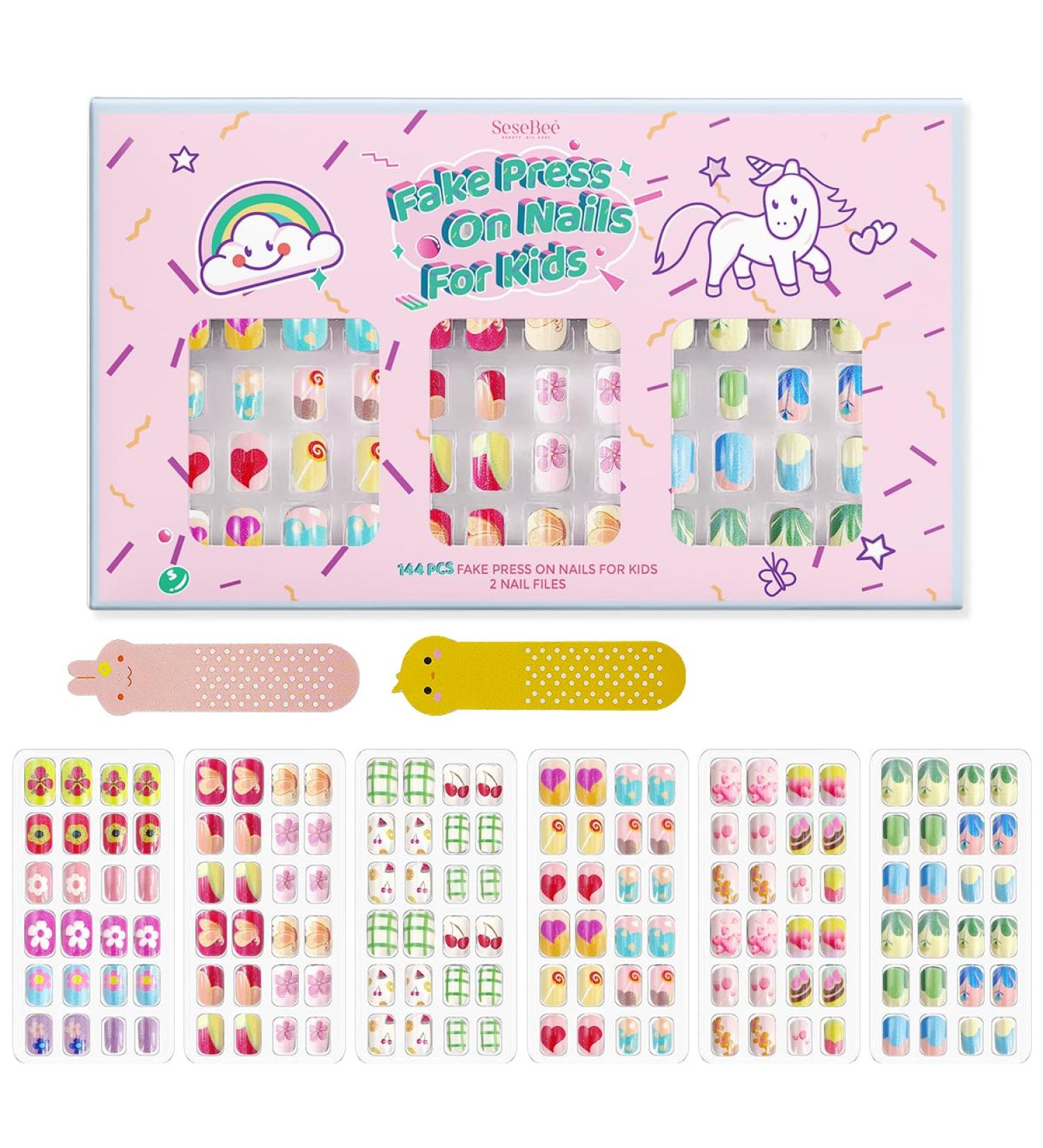 144Pcs Kids Press on Nails - Cute Floral Short Fake Nails for Girls | Quick Stick On, No Fading, Full Cover Acrylic Nail Tip Kit - Perfect Gift for Kids Nail Decoration - Buy Online on GoSupps.com