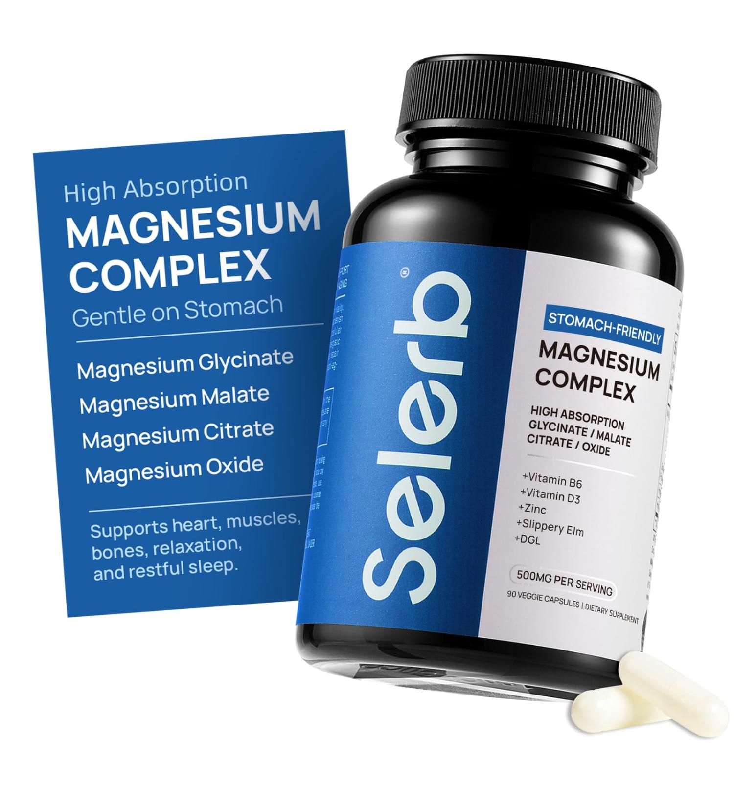 Selerb Magnesium Complex for Women and Men-Glycinate Malate Citrate Oxide Supports Calm Sleep Muscle & Energy with D3 B6 Zinc Slippery Elm & DGL Gentle on Stomach 90 Capsules - Buy Online on GoSupps.com