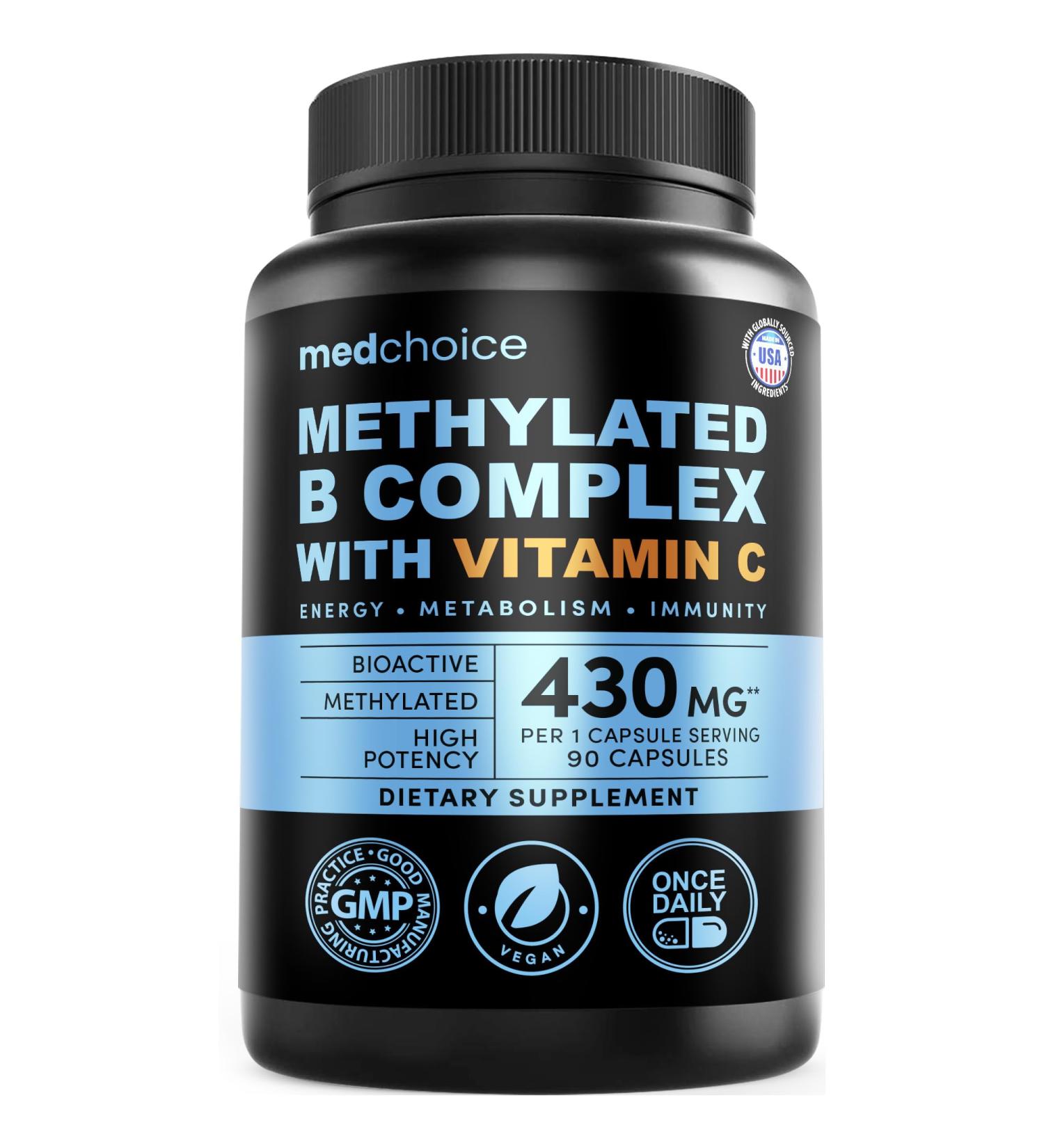 9-in-1 Methylated B Complex with Vitamin C, B Complex, B12 & L-5-MTHF - Vegan, Non-GMO, Gluten-Free & GMP-Certified Energy, Brain & Wellness Daily Methylcobalamin Multivitamin (90 Servings, Pack of 1) 90 Count (Pack of 1) - Buy Online on GoSupps.com