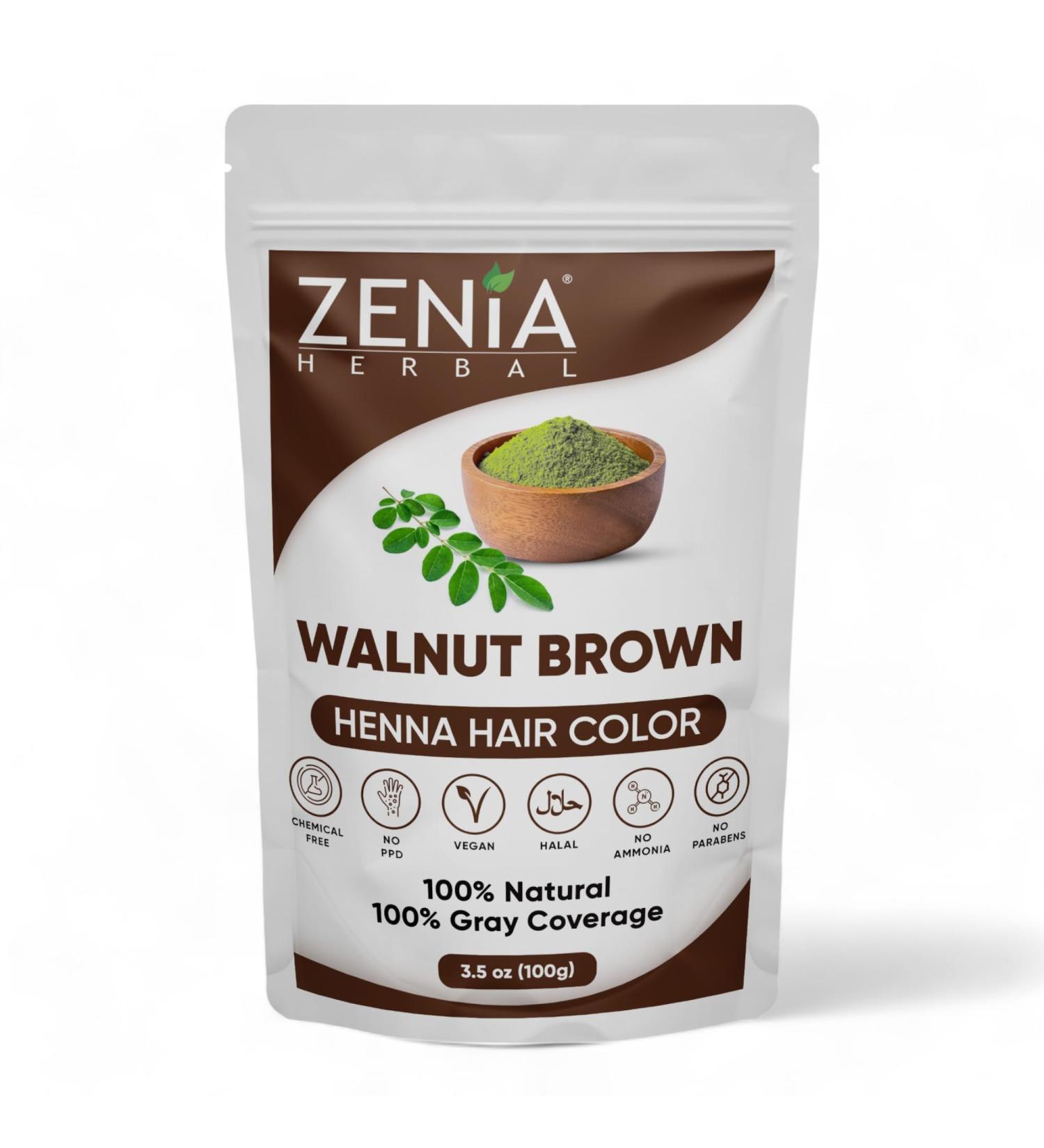 Zenia Natural Henna Hair & Beard Color/Dye | Chemical Free Ammonia Free Cruelty-Free Vegan | Gray Hair Coverage | (3.5oz) 100g (Walnut Brown)