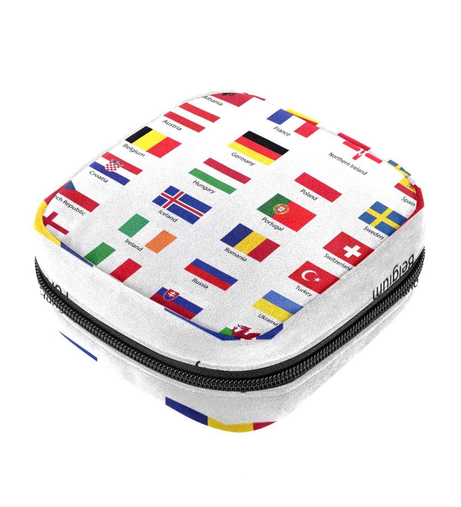 Stylish Menstruation Pad Bag with Zipper - Women's Napkin & Tampon Organizer (European Country Flags) - Buy Online on GoSupps.com