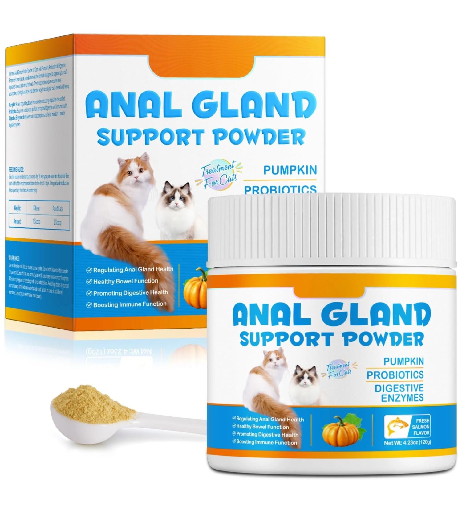 Anal Gland Support Powder for Cats with Pumpkin Probiotics and Digestive Enzymes for Bowel & Digestive Healthy Fresh Salmon Flavor 4.23oz - Buy Online on GoSupps.com