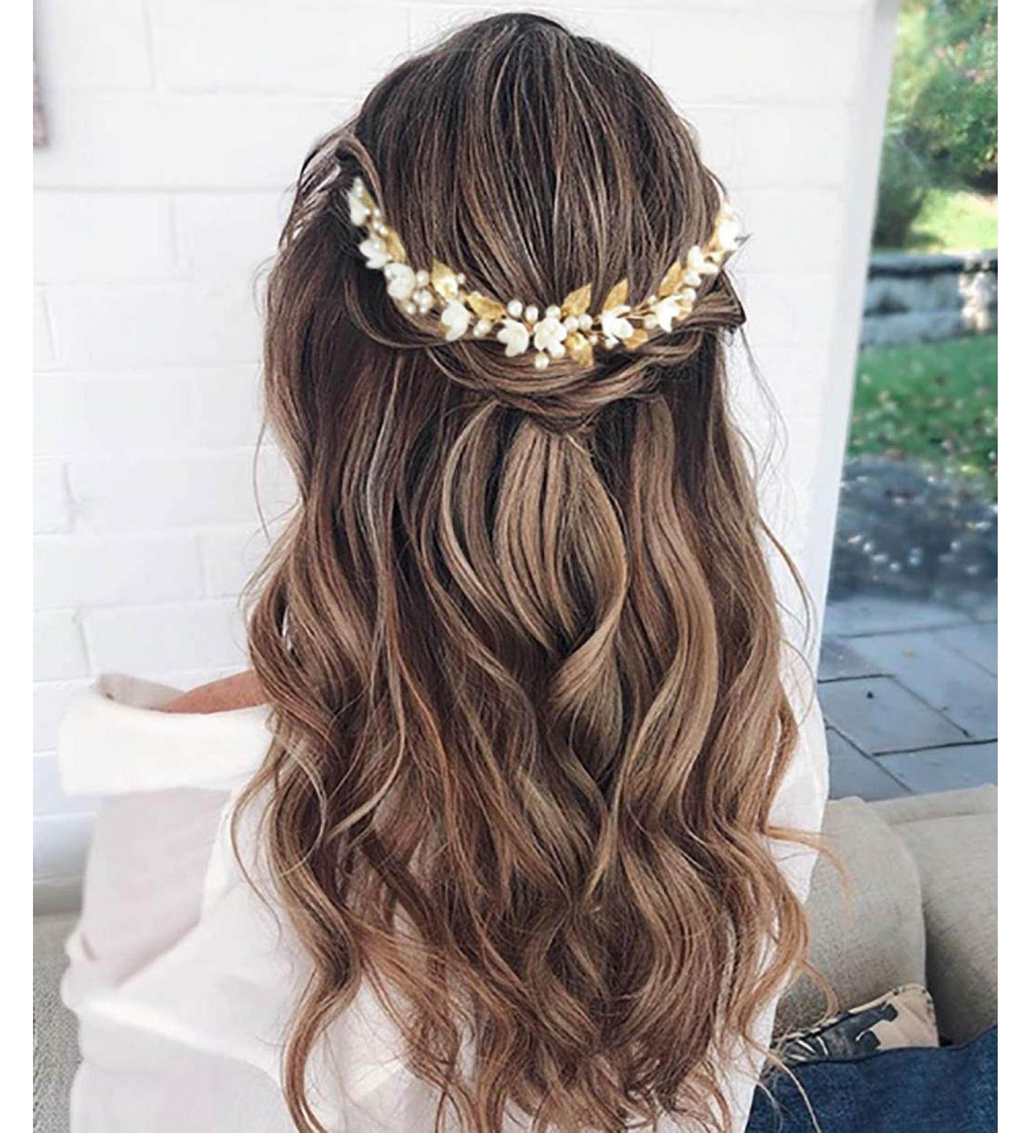 Unicra Gold Wedding Pearl Hair Vine | Elegant Flower Leaf Headpiece & Bridal Accessories - Buy Online on GoSupps.com