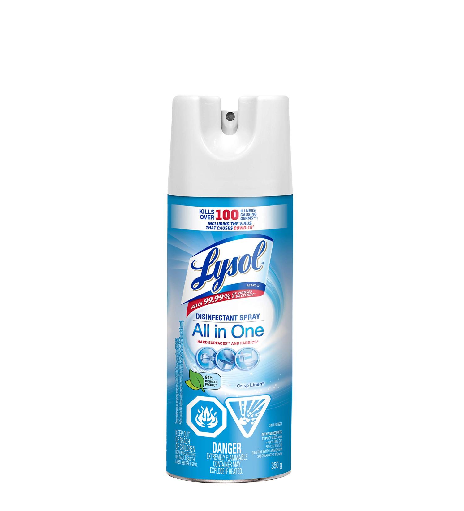 Lysol Disinfectant Spray All in One Crisp Linen Disinfect and Eliminate Odours on Hard Surfaces and Fabrics Kills 99.99% of Viruses & Bacteria 350g - Buy Online on GoSupps.com