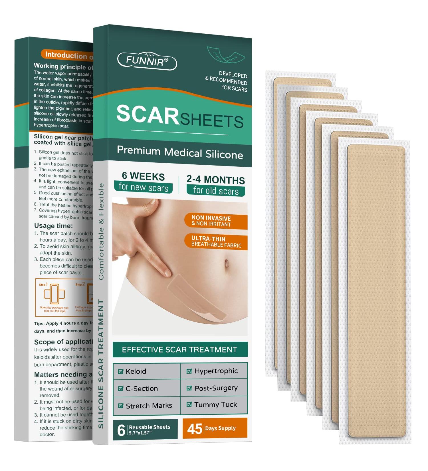 FUNNIR Silicone Scar Sheets 6 Pack - Healing C-Section and Tummy Tuck Keloid Scars - Surgical Cream Gel Patch Bandage - 5.7x1.57 - Buy Online on GoSupps.com