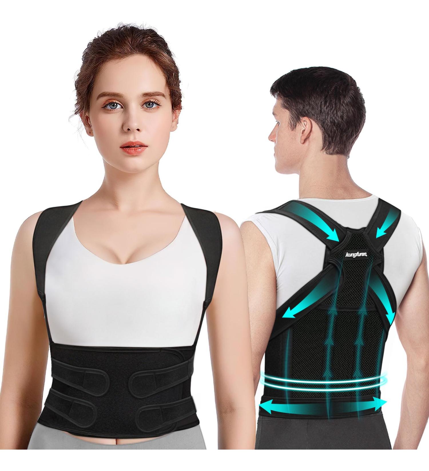 Kungfuren Posture Corrector Back Support Brace - Adjustable Breathable Shoulder Lumbar Belt for Men and Women - XXL Dark Black - Back Pain Relief - Buy Online on GoSupps.com