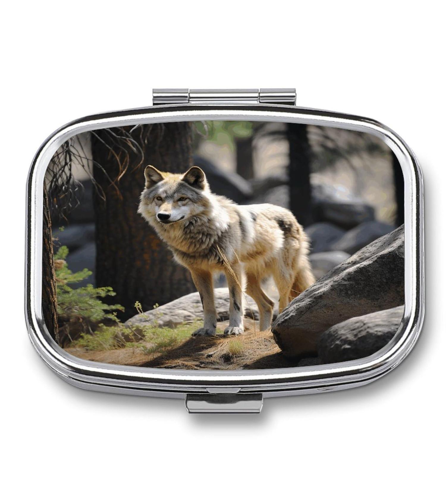 Wildlife Wolf Print Pill Box | 2 Compartment Portable Pill Organizer | Decorative Metal Medicine Case for Pocket or Purse - Buy Online on GoSupps.com