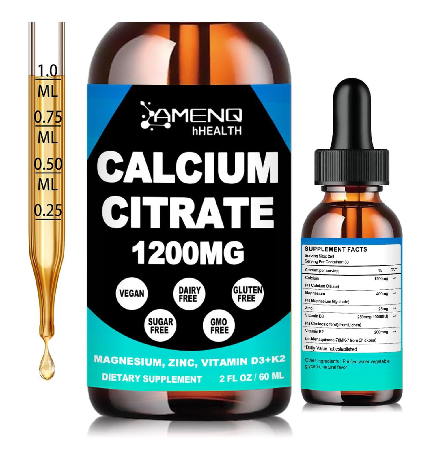 Calcium Citrate 1200 mg with Vitamin D3 K2 Liquid Drops for Bone Teeth Health Support - High Absorption Liquid Calcium Magnesium Zinc D3 Supplement for Women & Men Vegan Sugar-Free Non-GMO - Buy Online on GoSupps.com