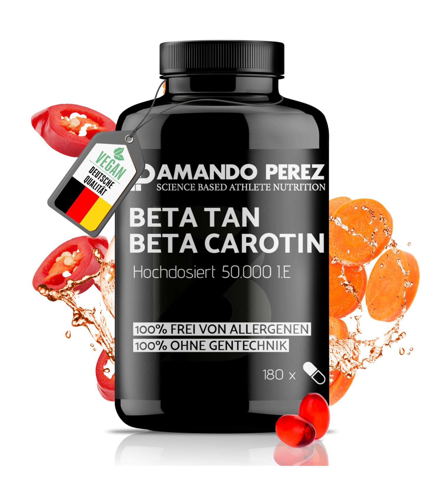 Amando Perez Beta Carotin Depot Browning Capsules - 180 Vegan Softgels with 50 000 I.E - High Dose Vitamin A & Tan Enhancer - Buy Online on GoSupps.com