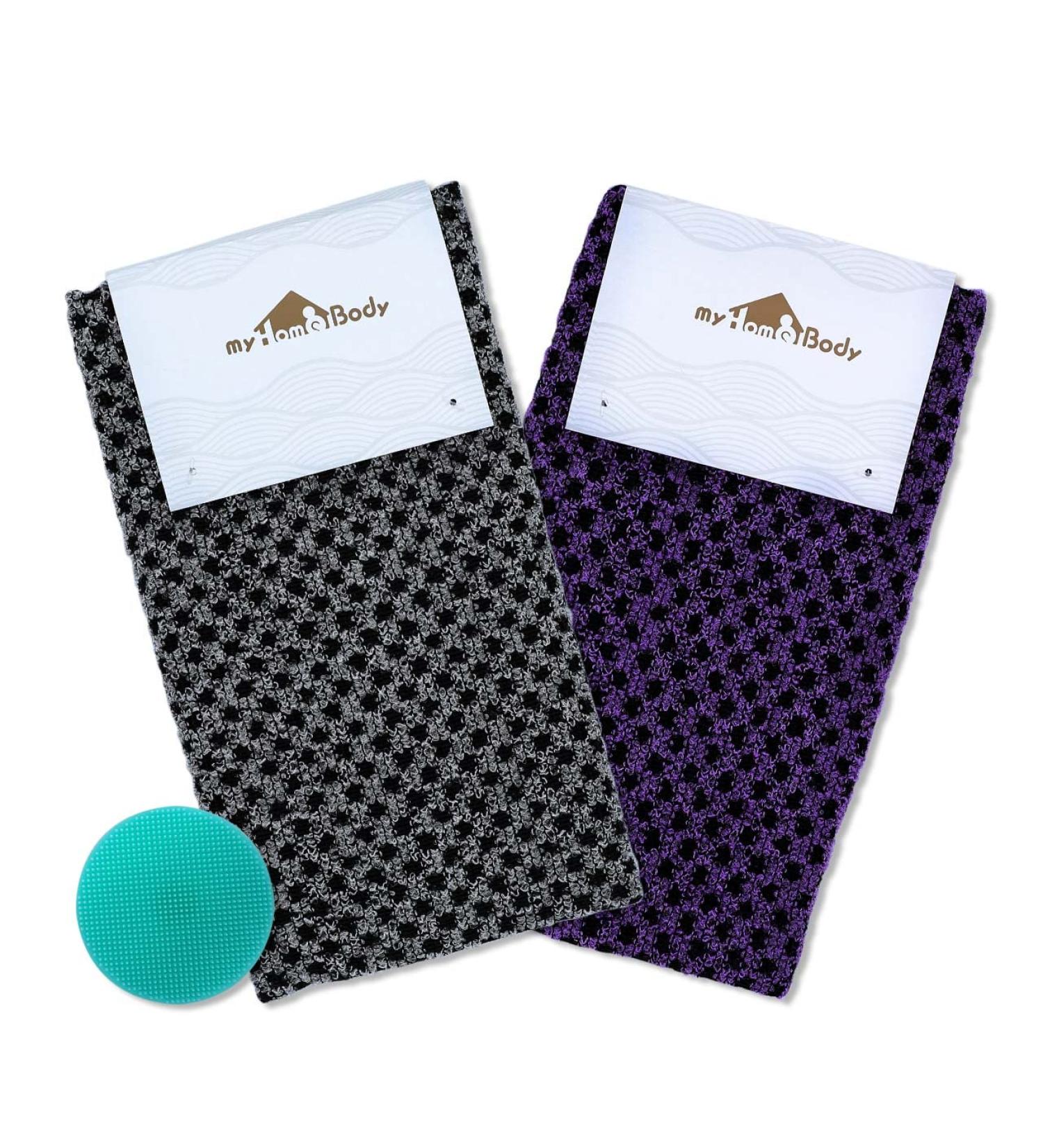 myHomeBody Exfoliating Washcloth Set | Japanese Towel & Scrubber Combo | 3D Texture, Obsidian & Raisin Dots | Includes Silicone Facial Brush | Set of 2 - Buy Online on GoSupps.com