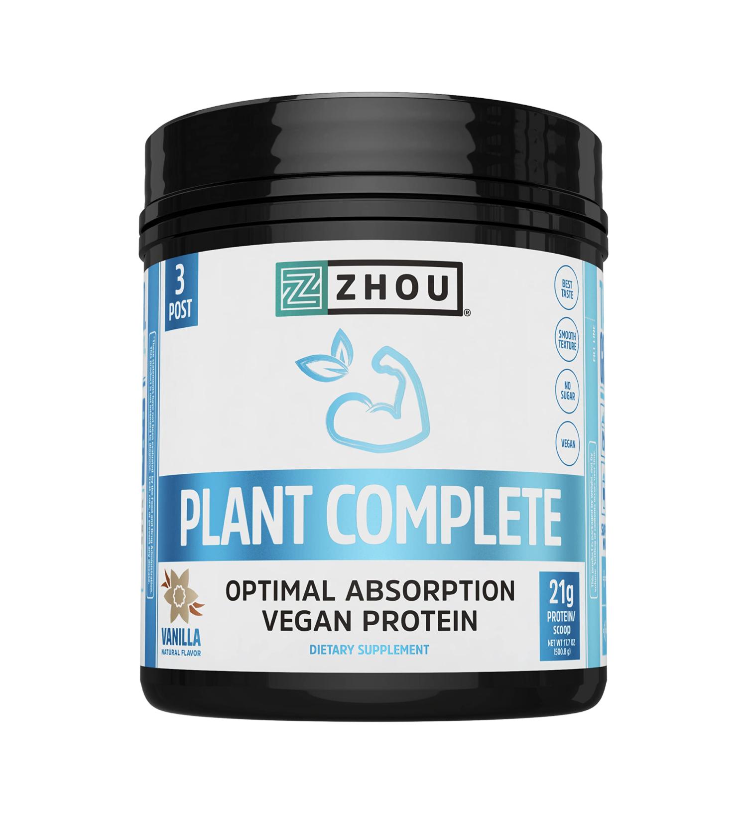 Zhou Nutrition Plant Complete Vegan Protein Vanilla 17.7 oz - Optimal Absorption - Buy Online on GoSupps.com